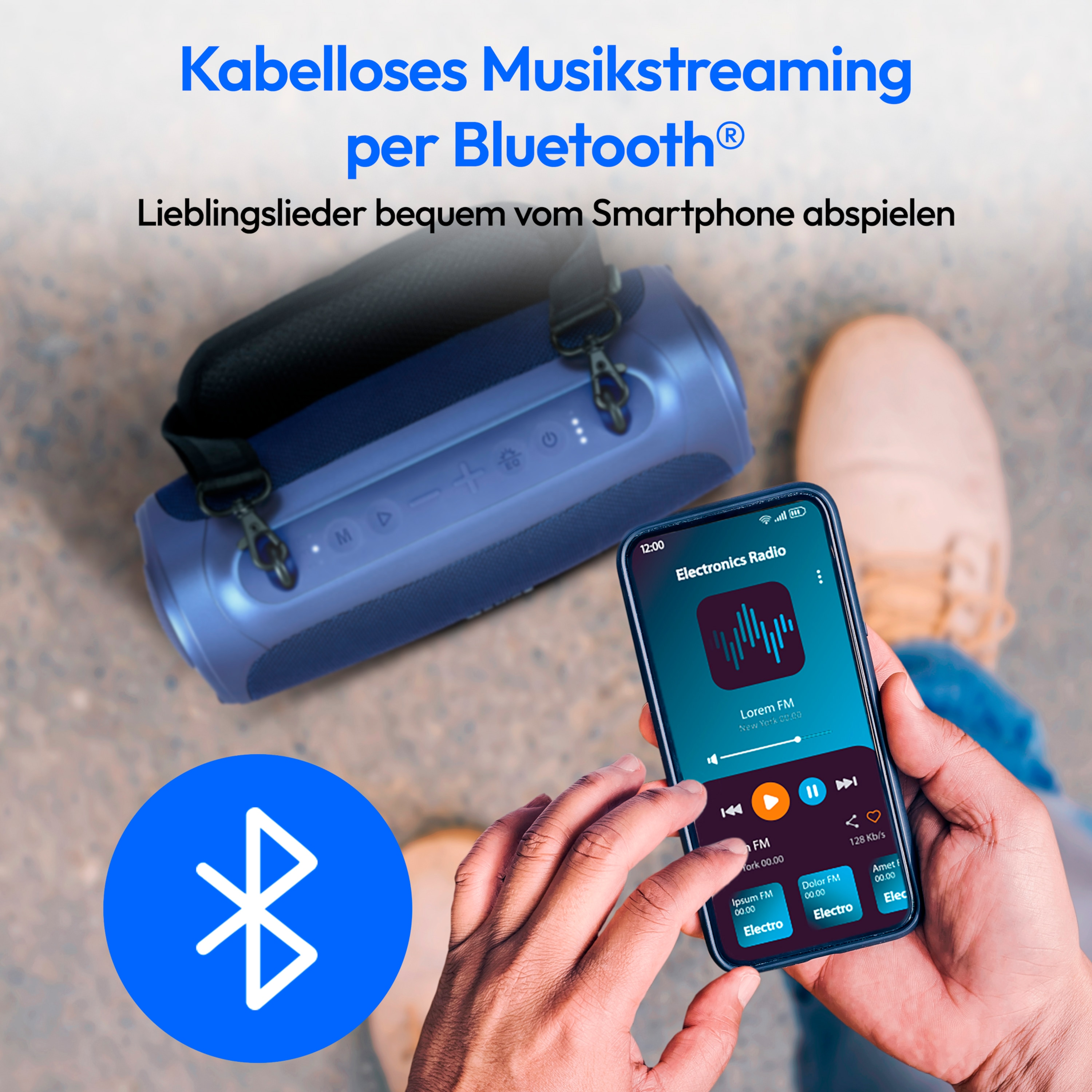Blauwe luidspreker met smartphone met muziekbediening, Bluetooth-symbool en tekst.