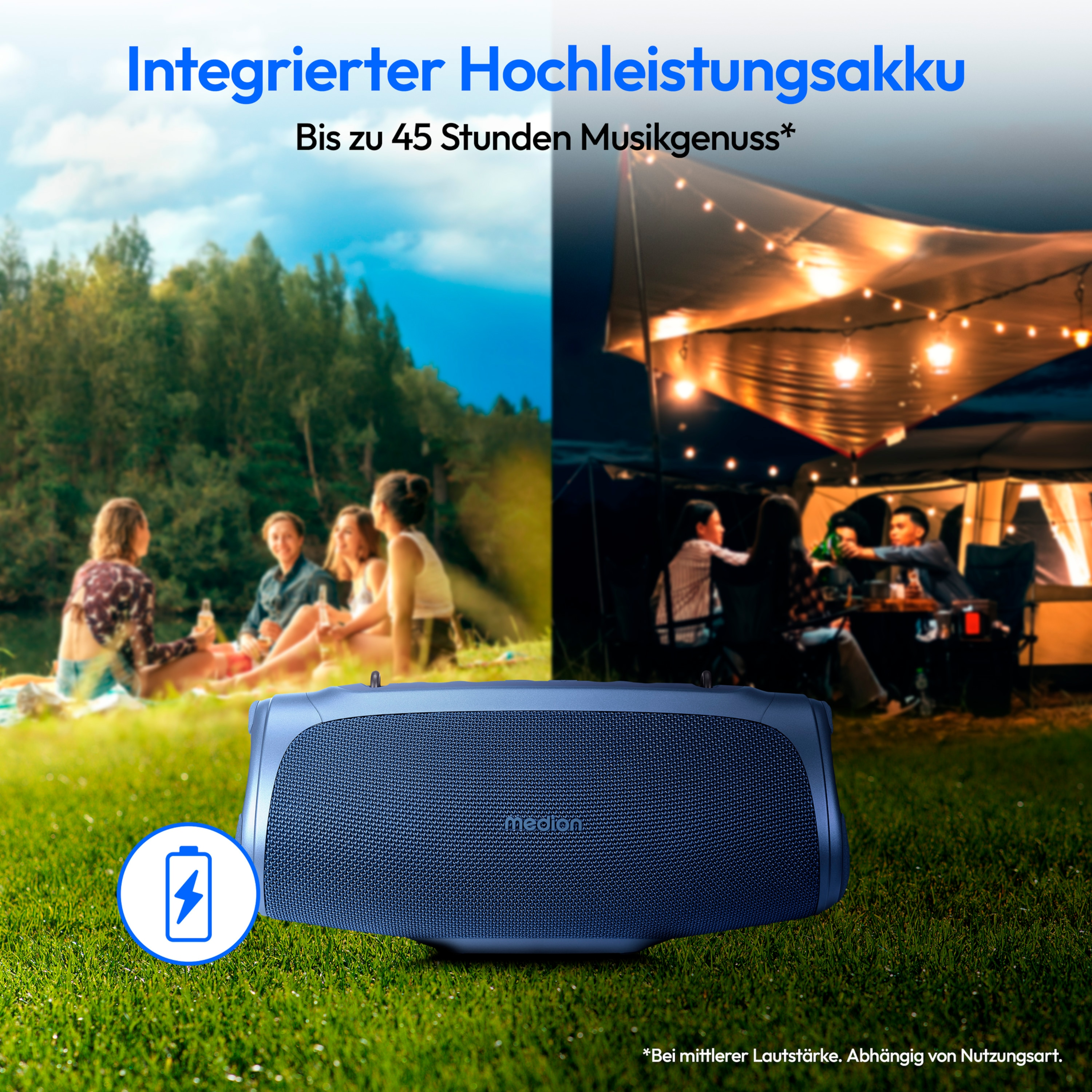 Blauwe speaker met groene achtergrond. Mensen zitten op de achtergrond. Batterij-icoon zichtbaar.