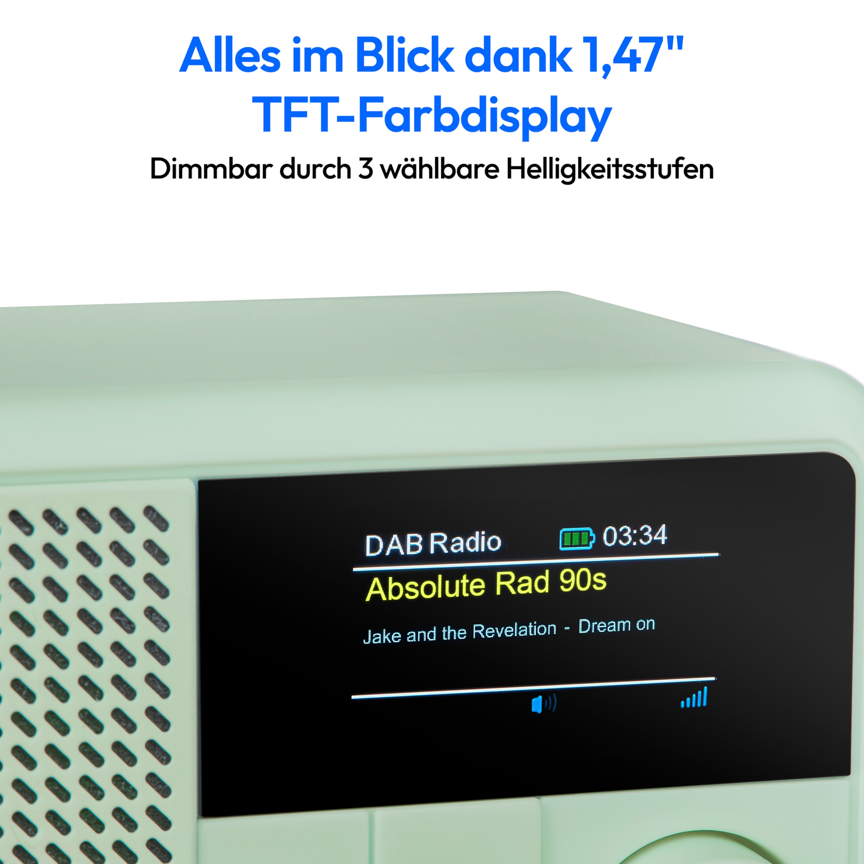 Mint-green radio with a screen displaying 'DAB Radio', song info, and a signal strength indicator.