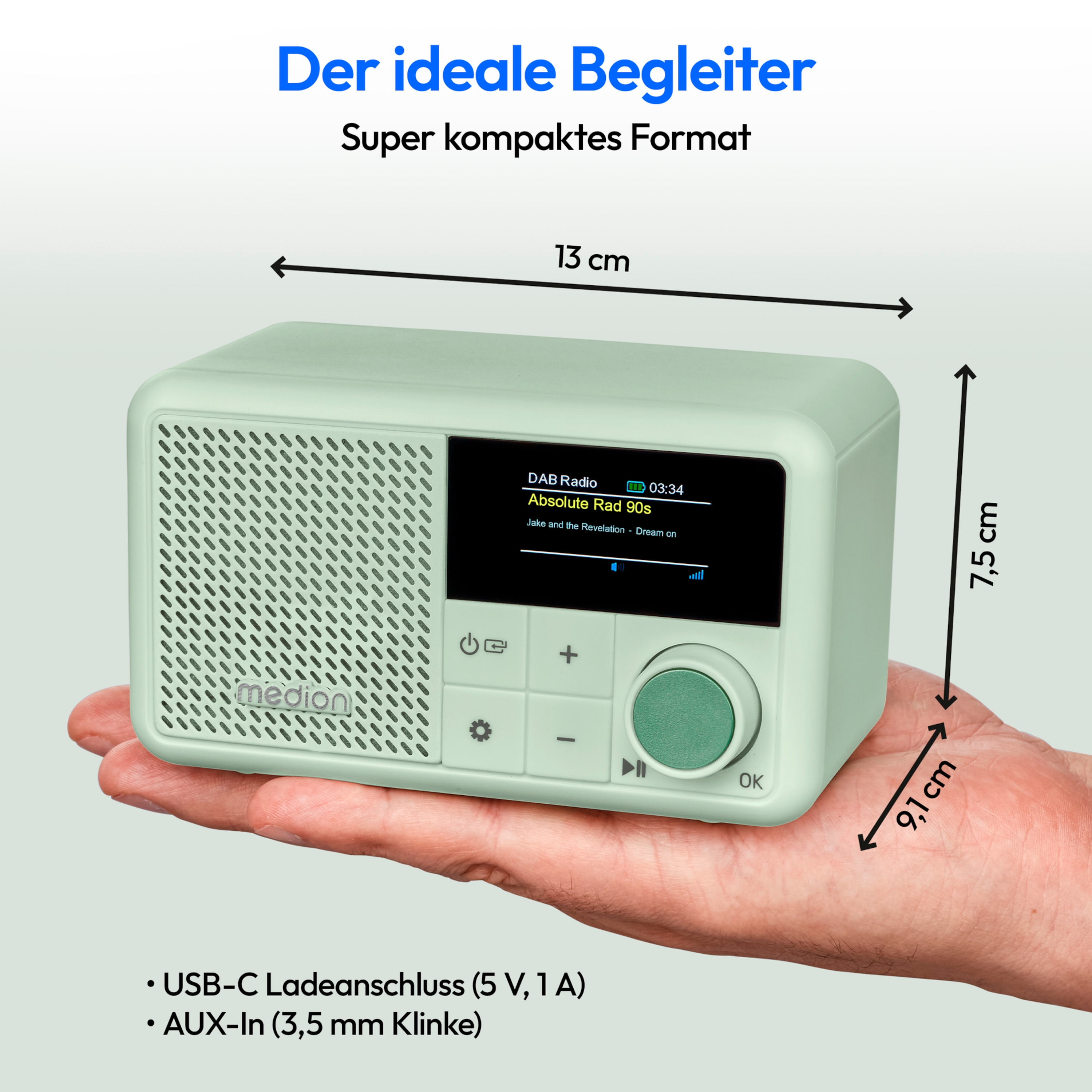 Hand holding mint green radio. Text: Der ideale Begleiter. USB-C Ladeanschluss. AUX-In.