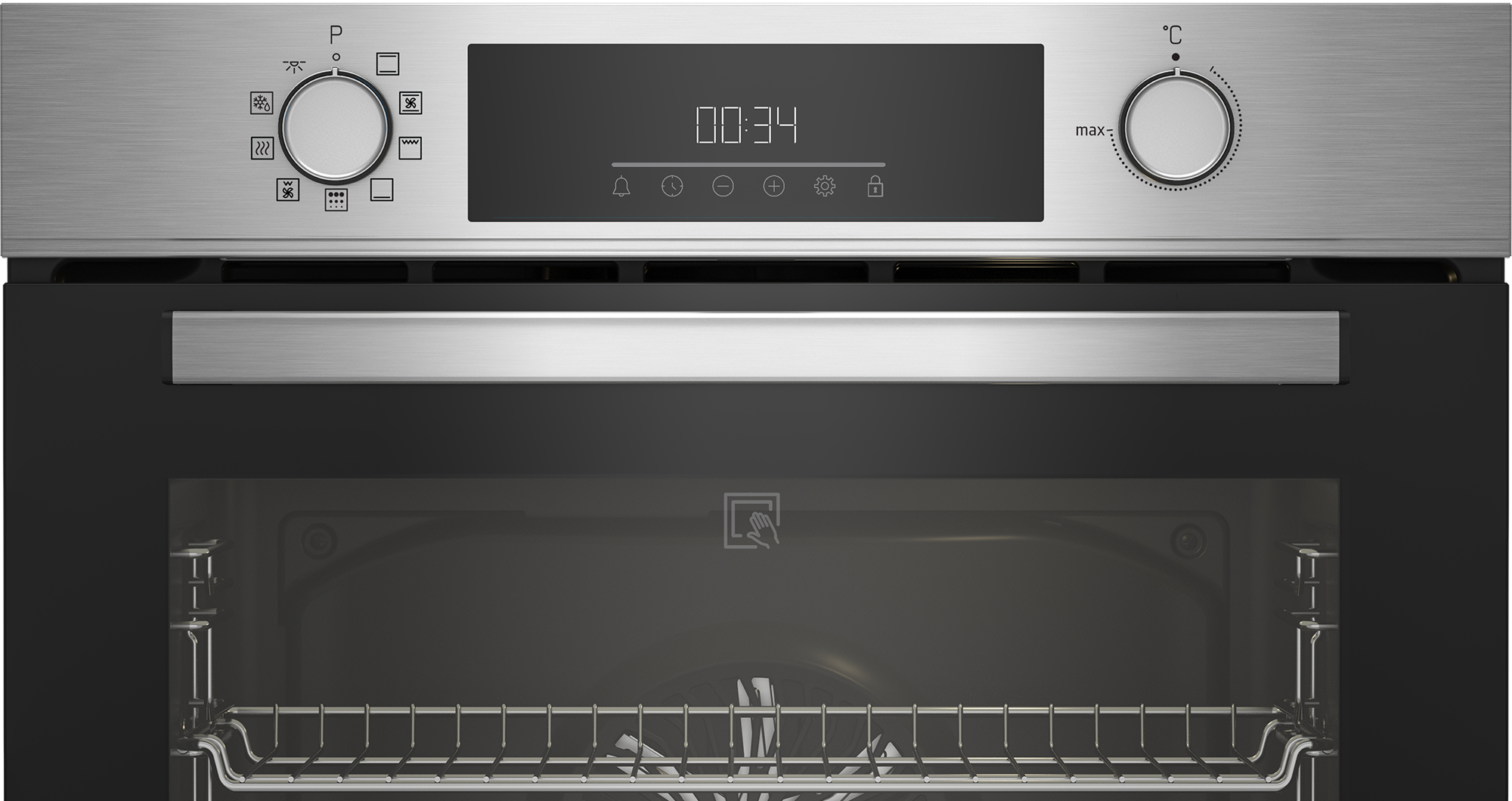 Pannello comandi forno argento con display digitale e manopole per temperatura e impostazioni.
