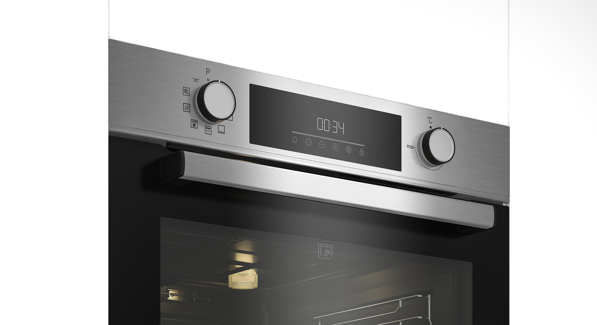 Primo piano di un forno con un display digitale che mostra 00:34. Ha manopole di controllo.