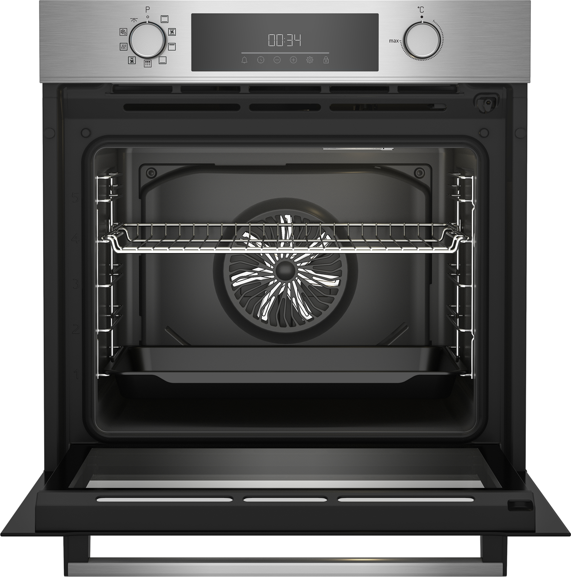 Forno aperto. Argento e nero. Interno con ventola. Sfondo bianco.