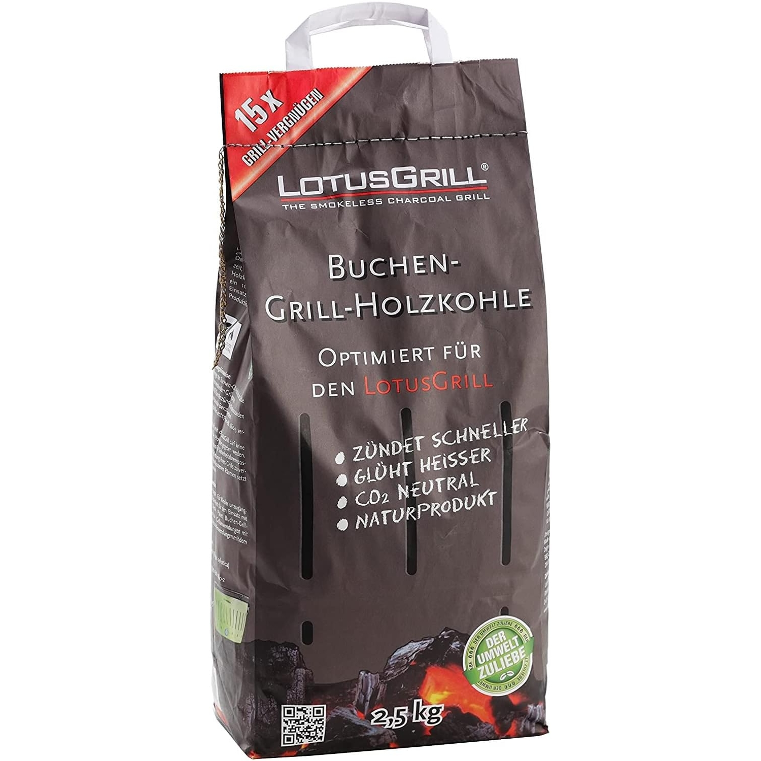 Un sacco di carbone. Testo: LotusGrill, carbone di faggio, 2,5 kg. Ha una maniglia.