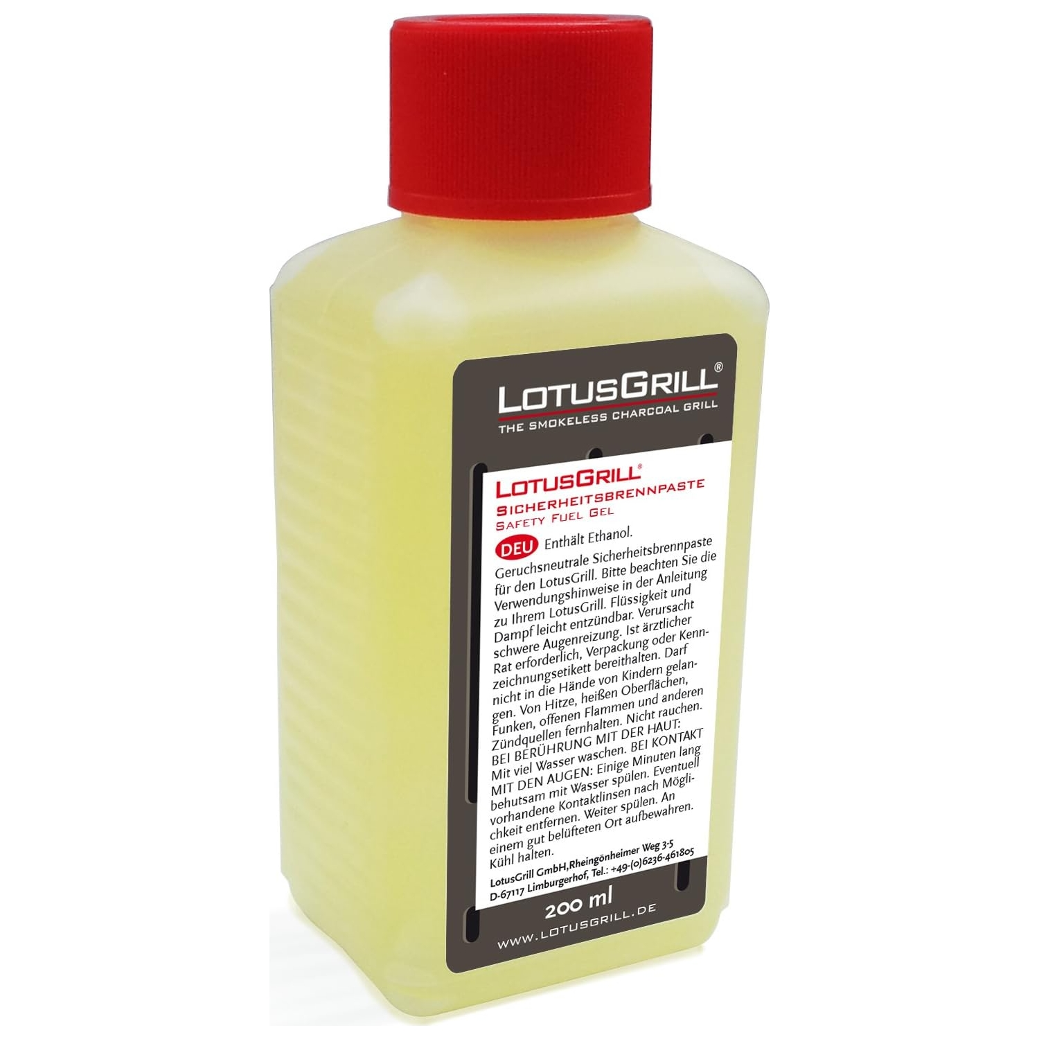 Bottiglia gialla di combustibile di sicurezza Lotus Grill. Tappo rosso, sfondo bianco.