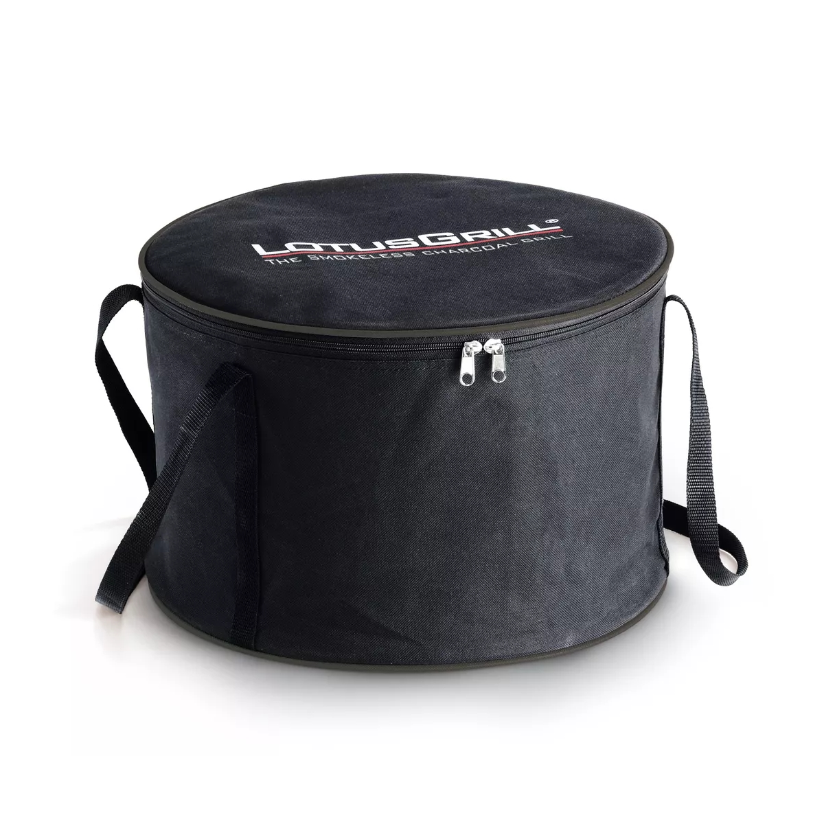 Borsa nera con cerniera e manici argentati. C'è la scritta LOTUSGRILL sopra.