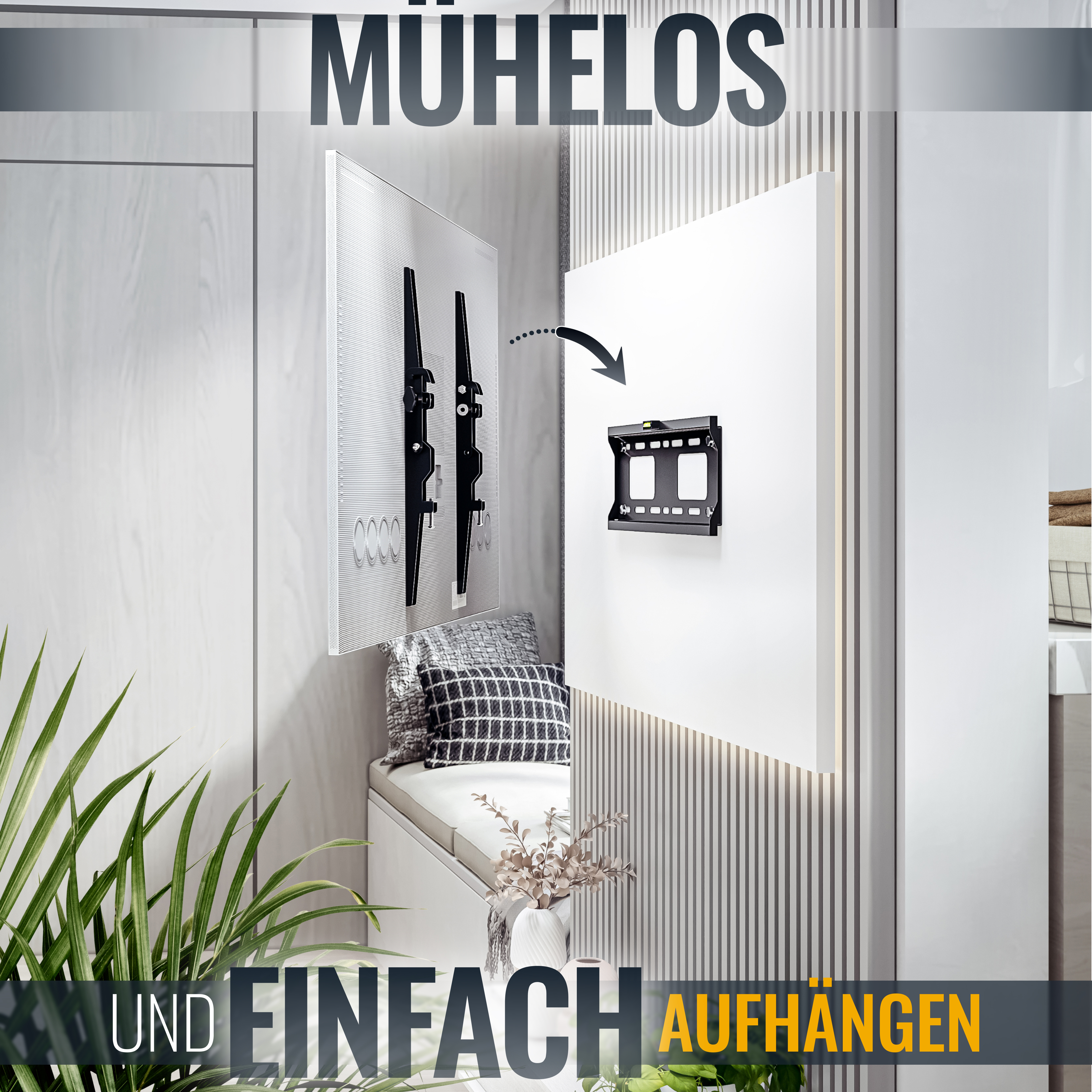 Ein Fernseher an der Wand, mit schwarzem Halter und dem Wort 'MÜHELOS' darüber.