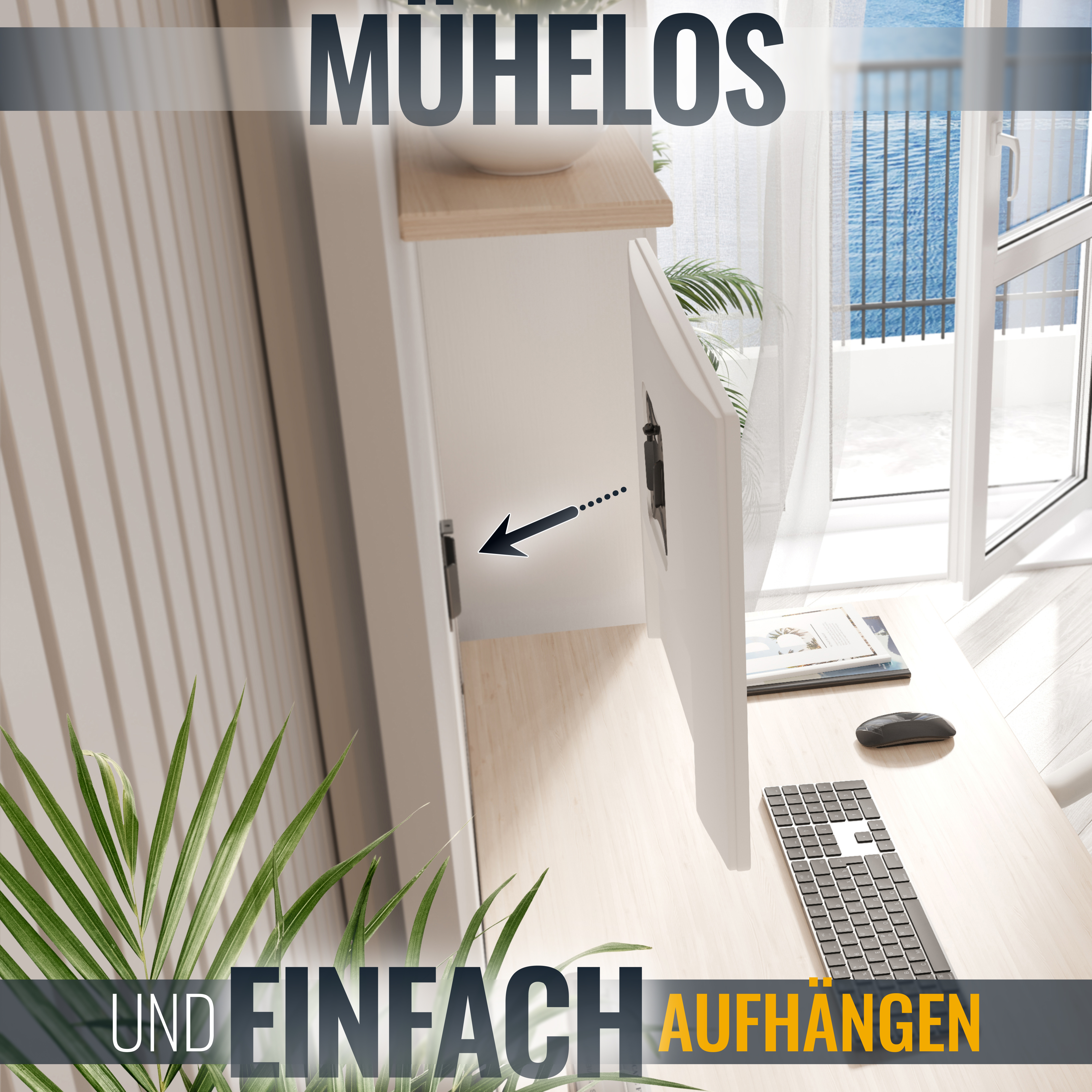Eine weiße Schranktür ist geöffnet und zeigt einen Schreibtisch und eine Tastatur. Text: MÜHELOS UND EINFACH AUFHÄNGEN.