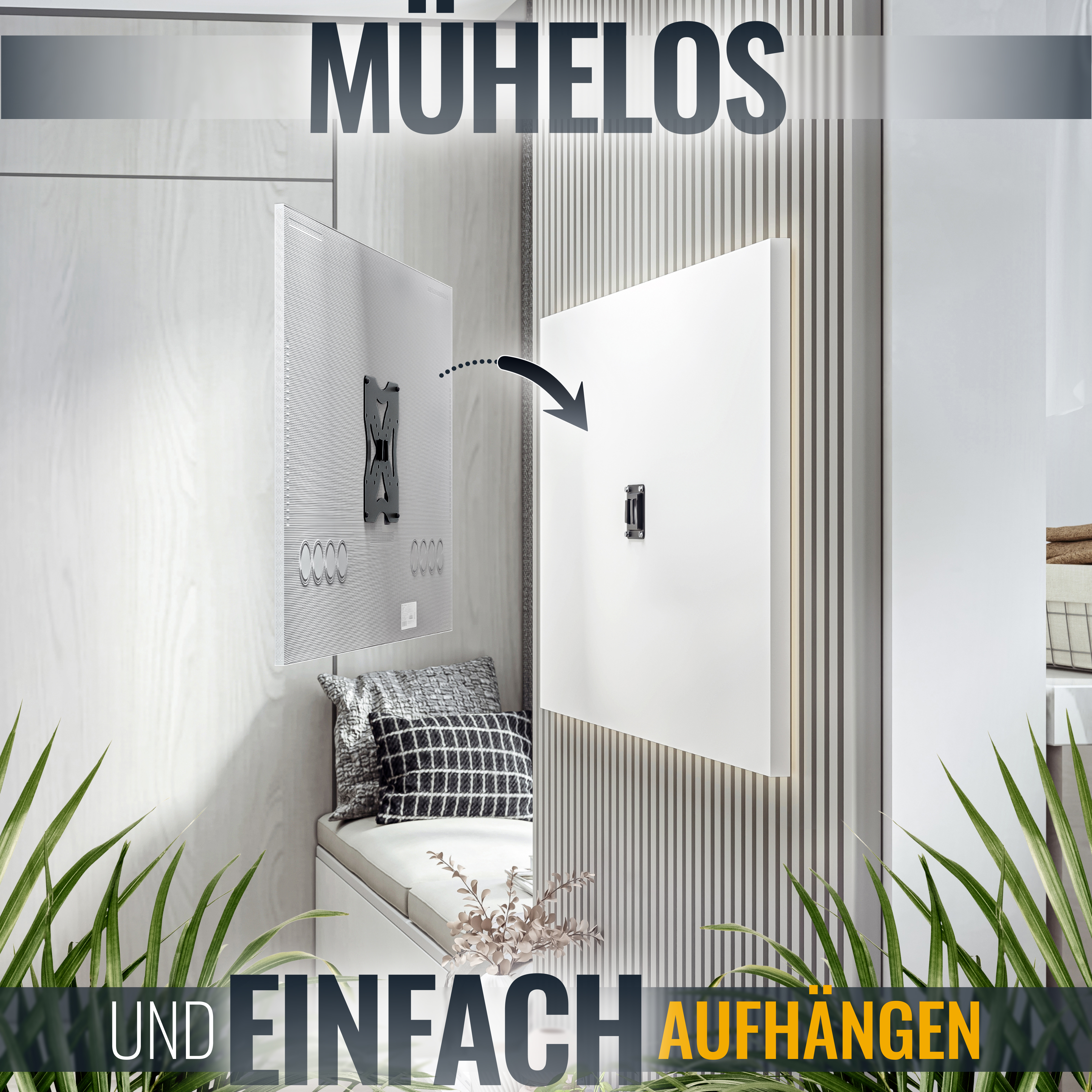 Zwei Paneele an einer Wand: eines mit TV-Halterung, das andere mit TV. Die Paneele sind weiß.