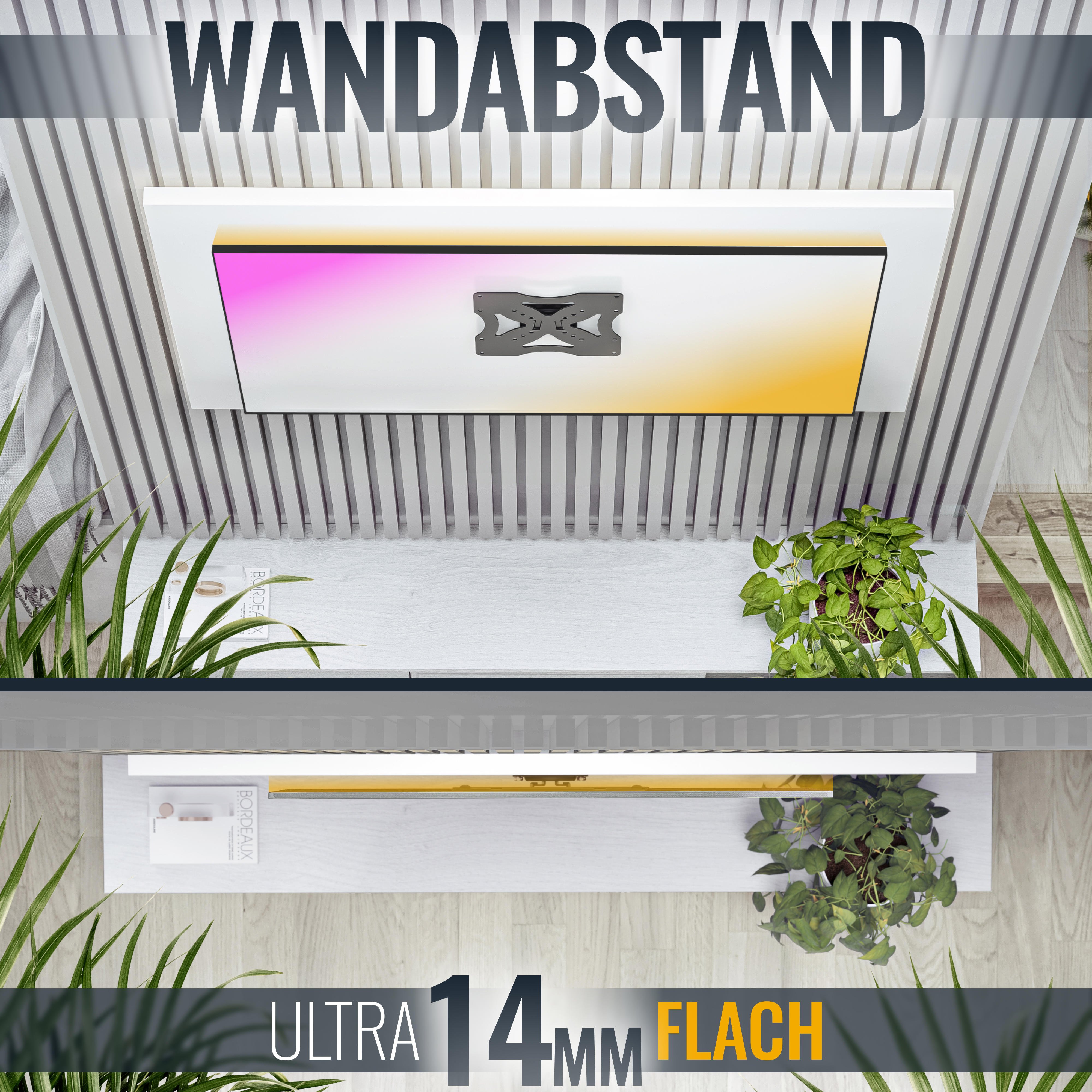 Ein moderner Fernseher an der Wand, darüber der Text 'WANDABSTAND', darunter Pflanzen.