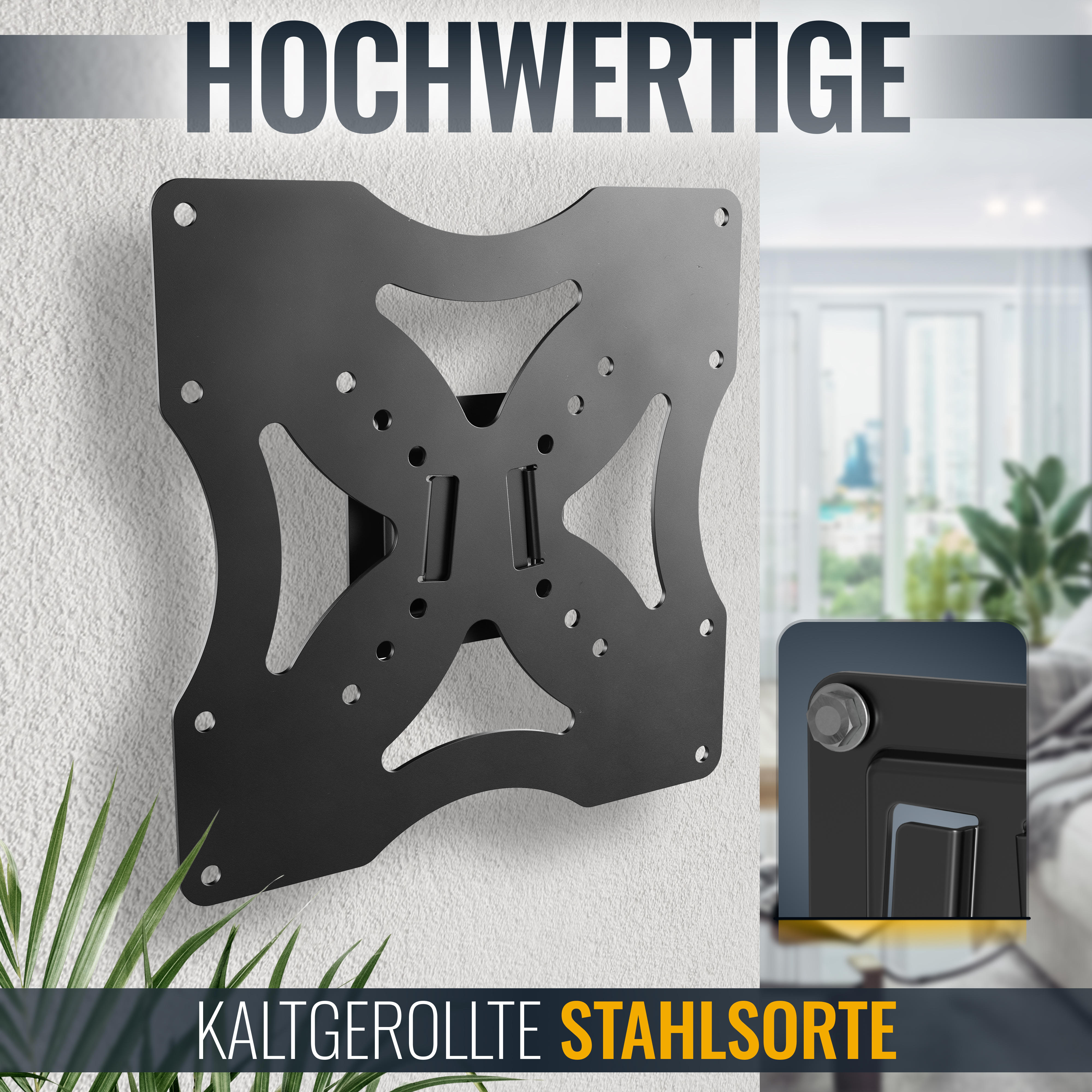 Schwarze Wandhalterung für einen Fernseher, mit Nahaufnahme einer Schraube. An einer strukturierten Wand montiert.