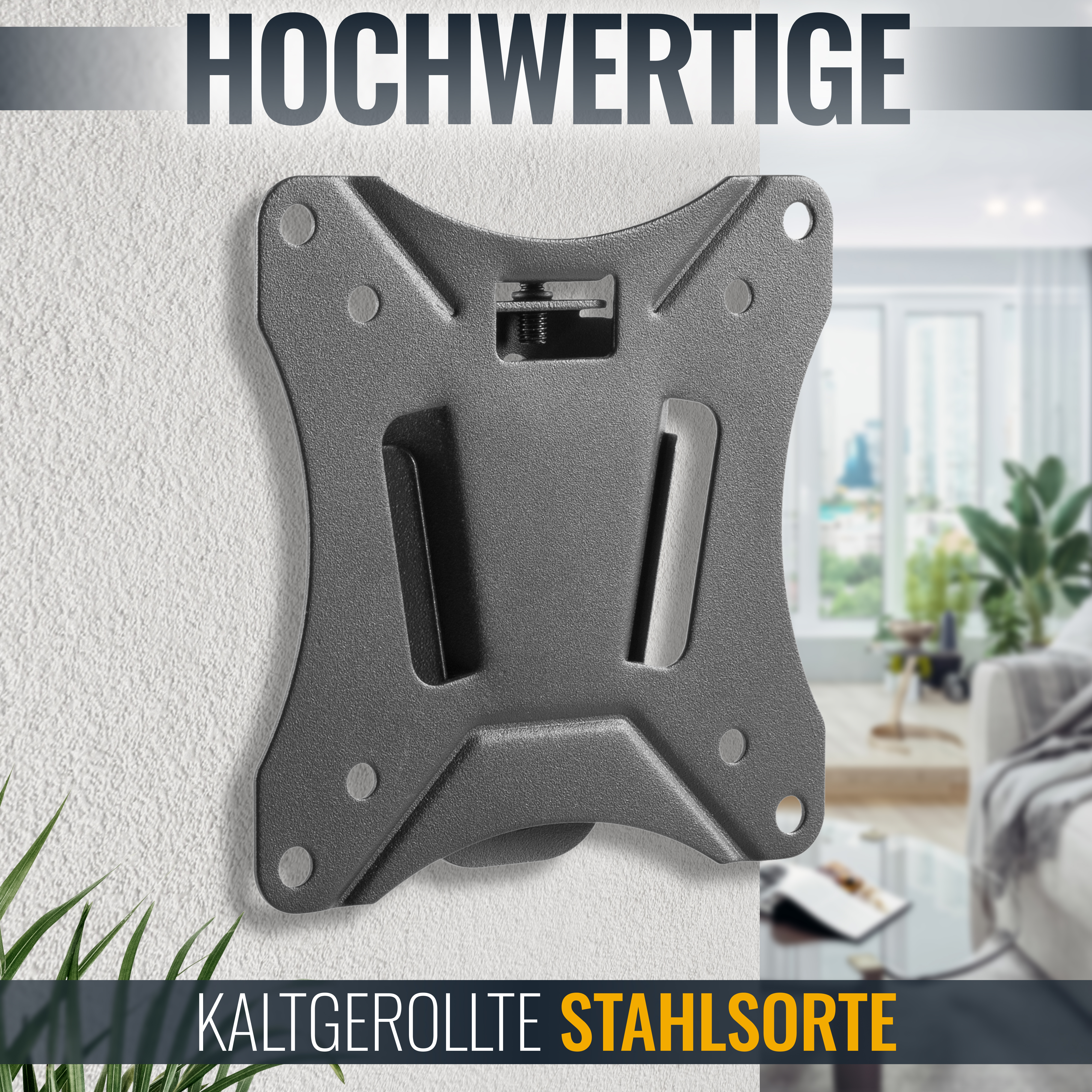 Graue TV-Halterung an strukturierter weißer Wand, mit dem Text 'HOCHWERTIGE'.