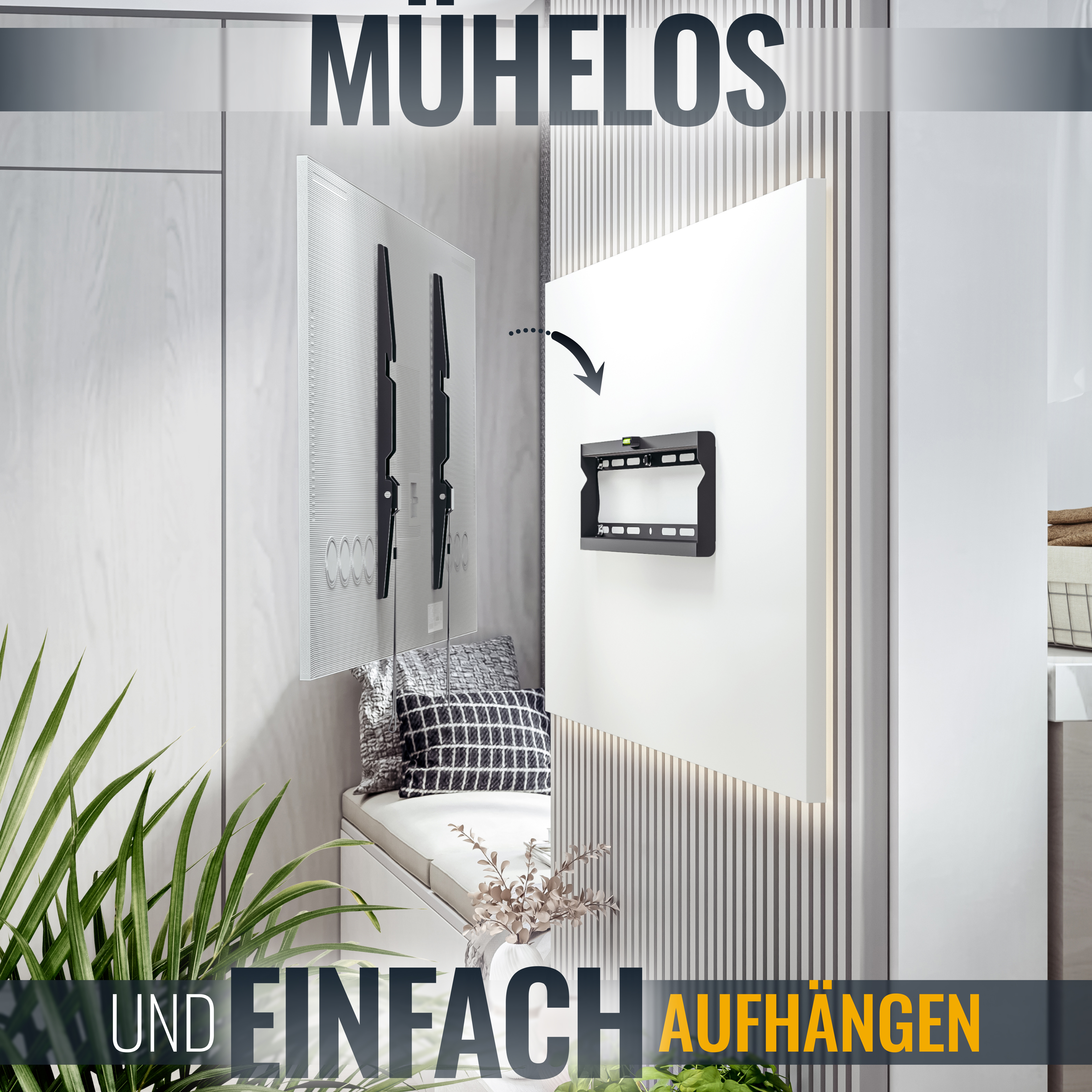 Wandmontierte TV-Einrichtung mit schwenkbarer Halterung. Andere Objekte und Text-Overlays sind enthalten.