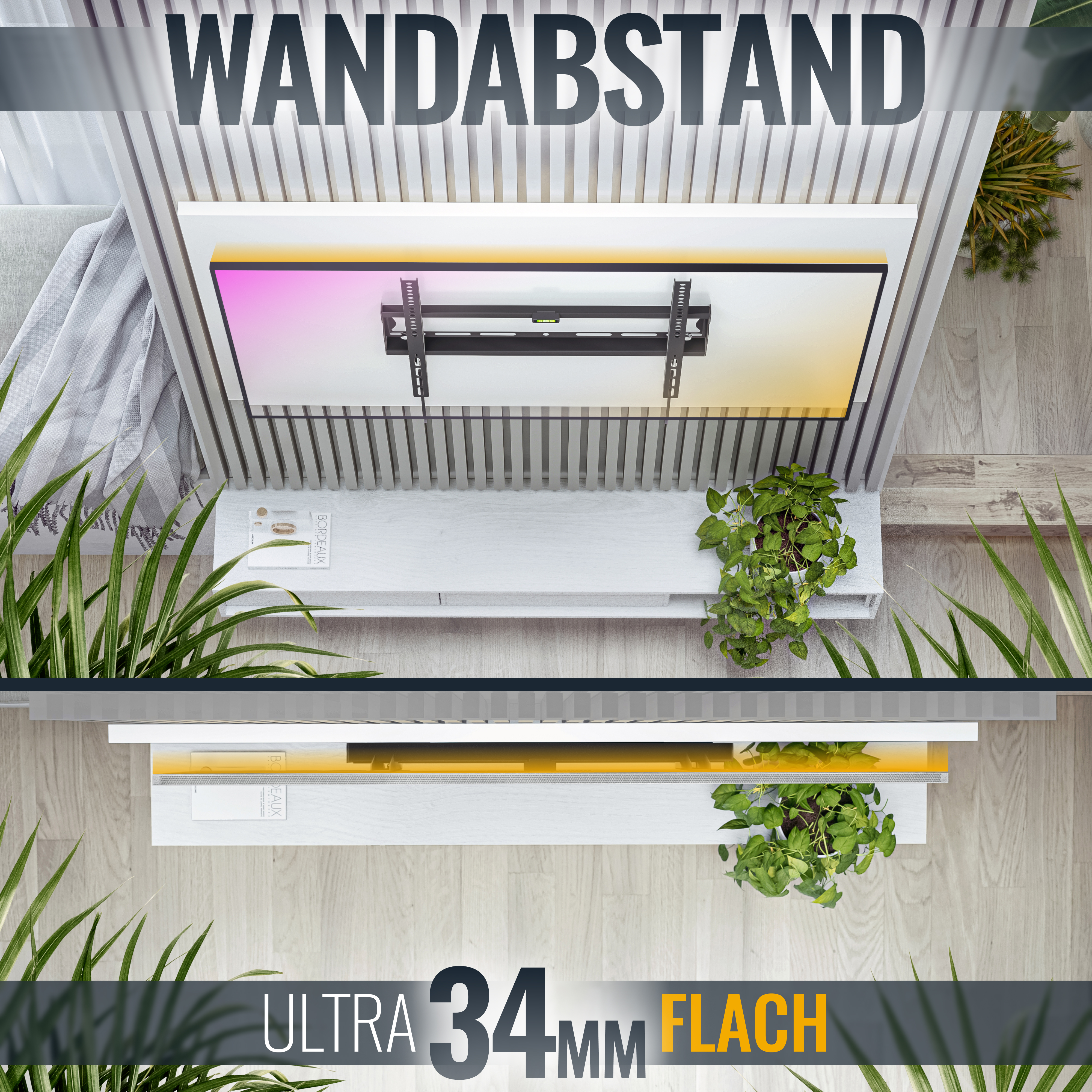 Wohnzimmer-Setup. Fernseher mit Halterung, Pflanzen und Holzboden. Draufsicht.