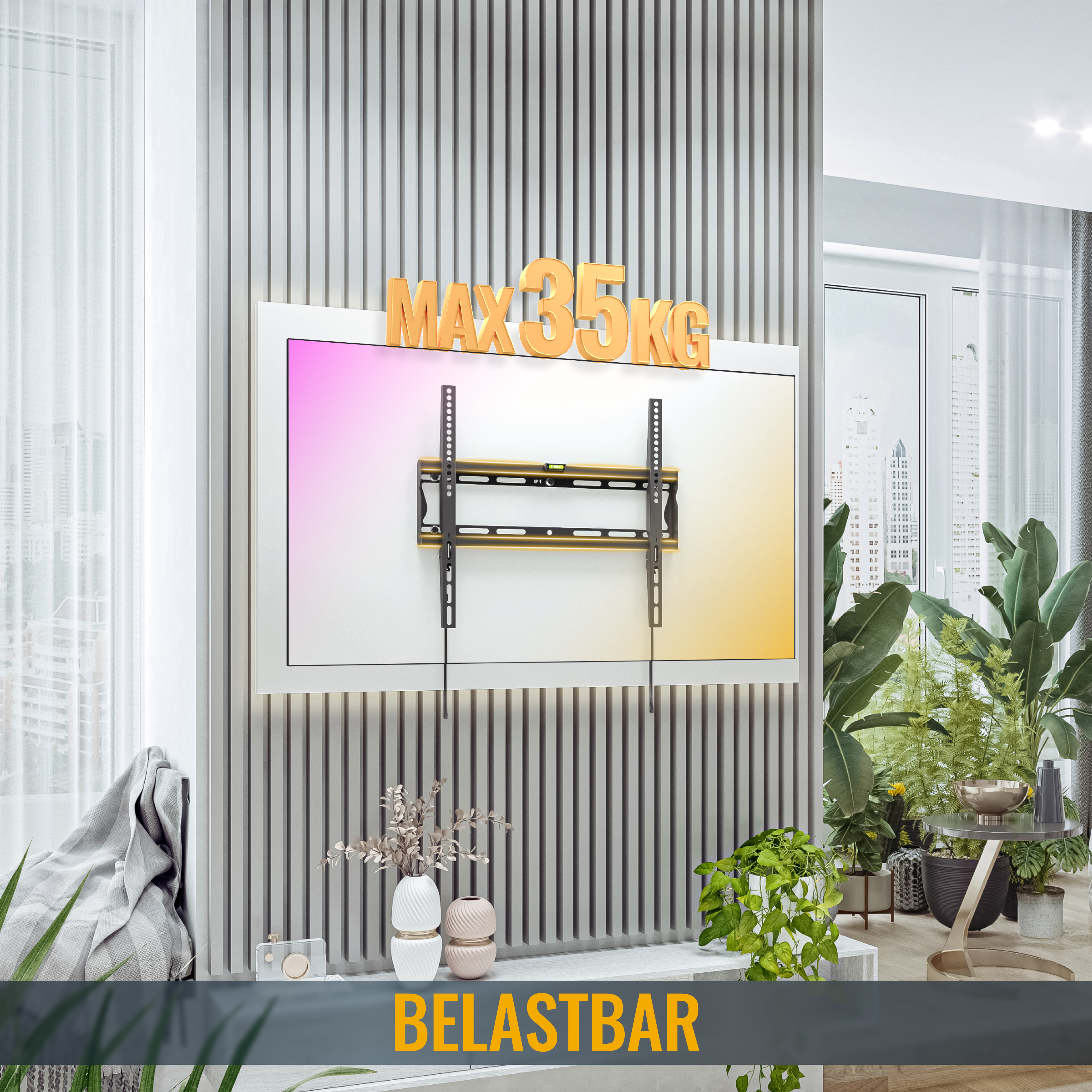 Fernseher an Wand mit Paneelen, Pflanzen und goldenem Schild montiert.