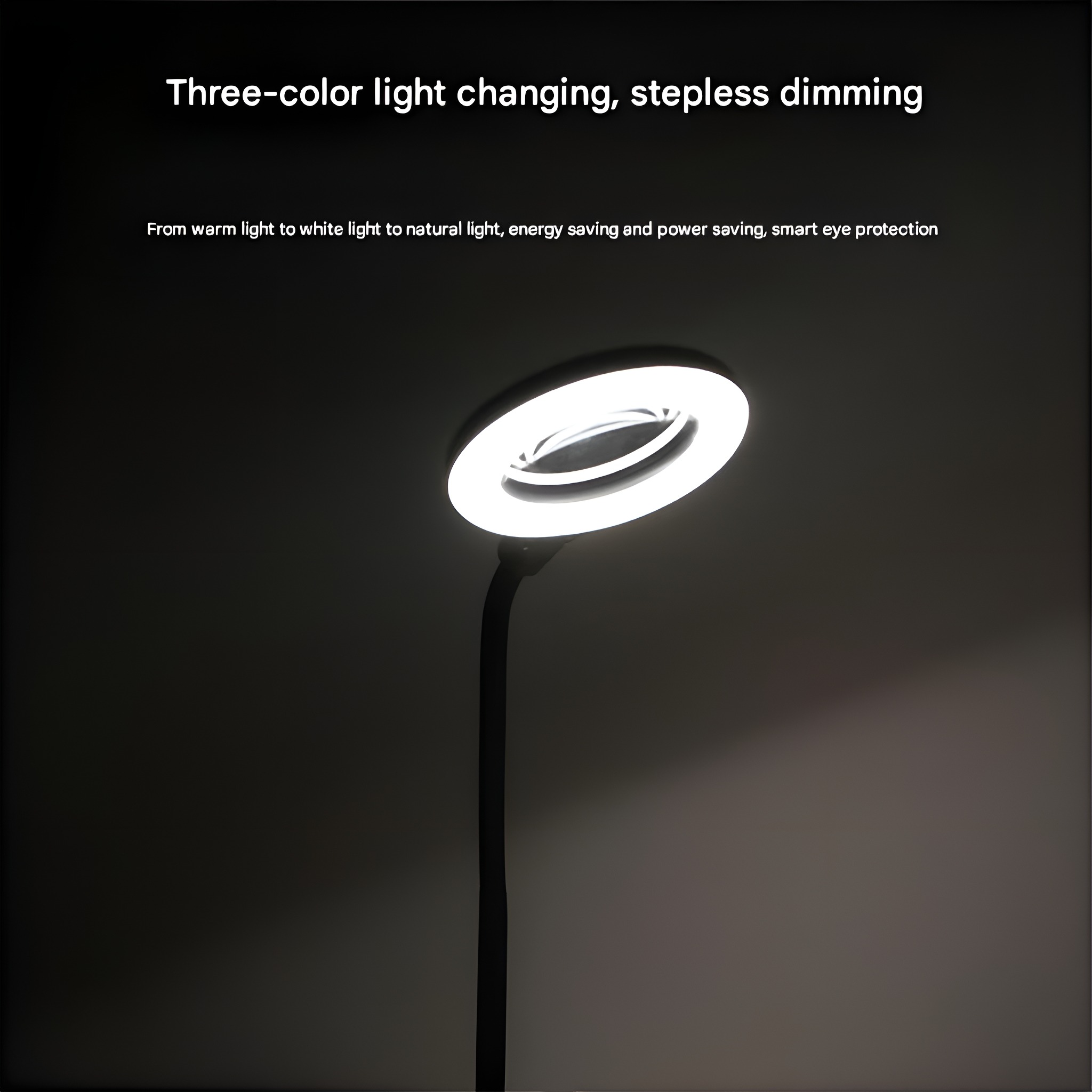 Ein Ringlicht ist eingeschaltet und emittiert weißes Licht, mit dunklem Hintergrund. Text: Dreifarbiges Lichtwechsel, stufenloses Dimmen.