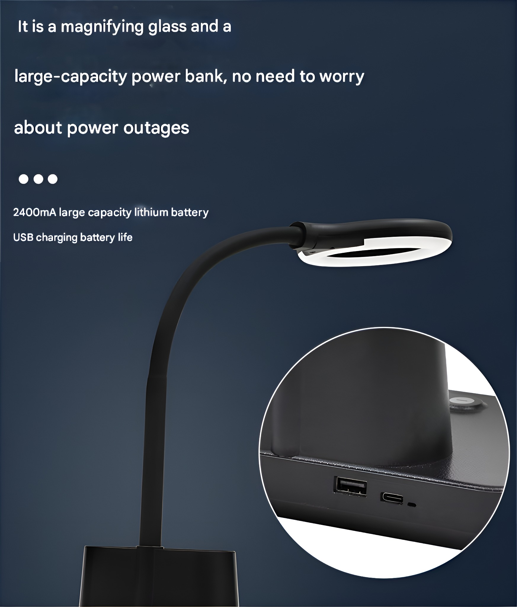 Schreibtischlampe mit flexiblem Hals und Lupe. Der Text beschreibt eine Powerbank-Funktion.