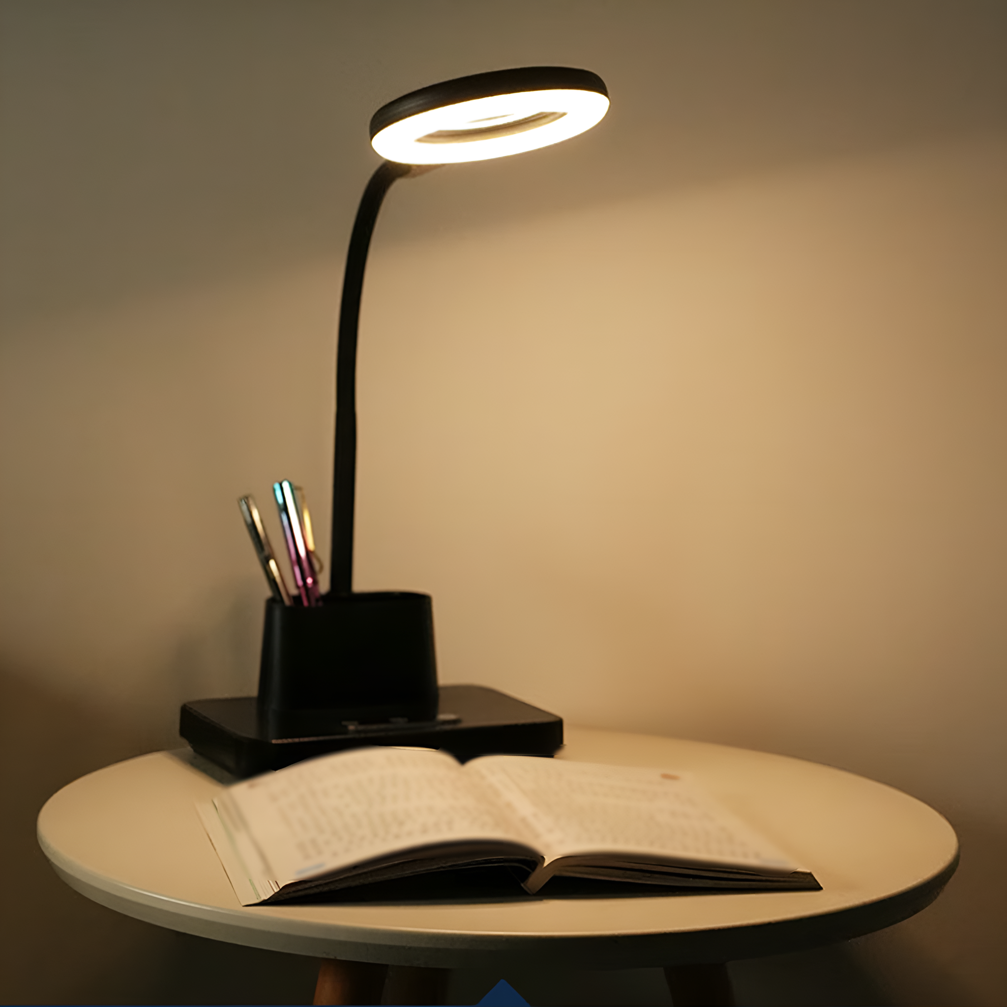 Eine Tischlampe mit Ringlicht, Stiften in einem Halter und ein offenes Buch.