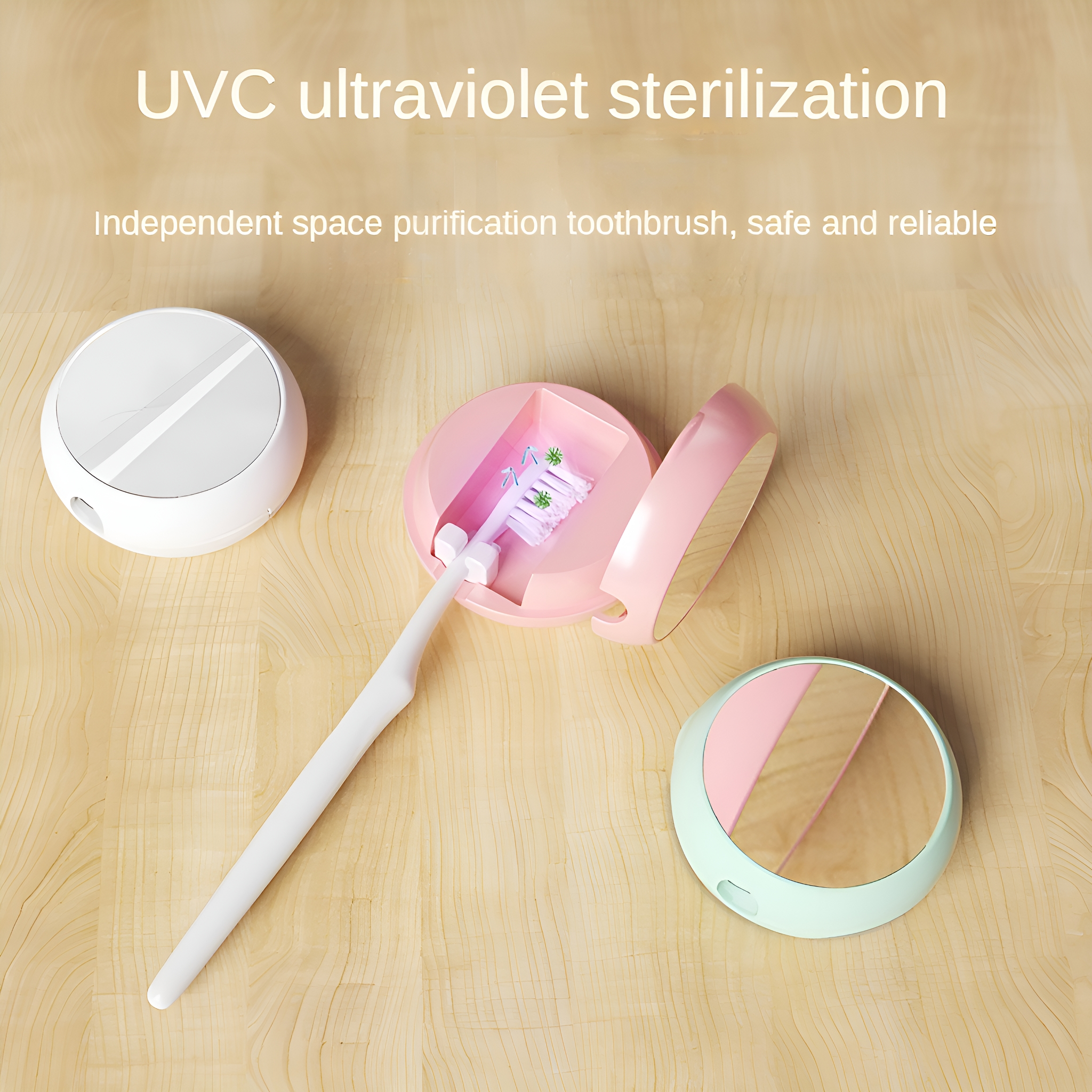 UVC-Sterilisationszahnbürste. Weiße und rosa Gehäuse mit Zahnbürste. Holztisch.