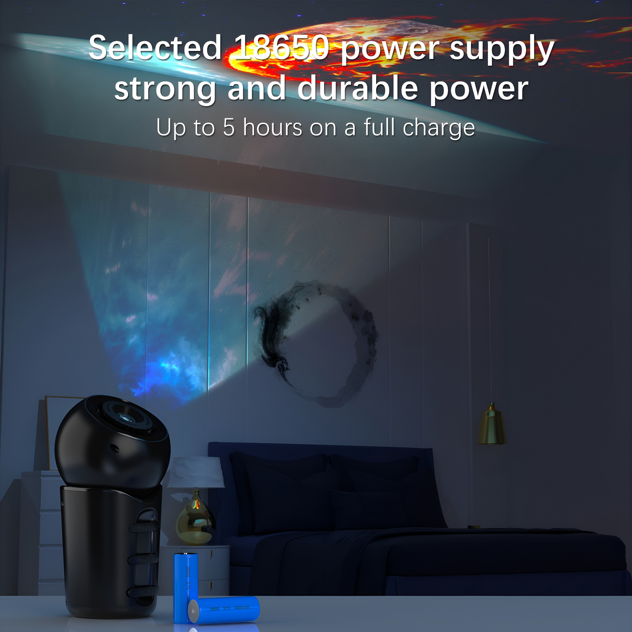 Schwarzer Projektor auf einem Ständer projiziert blaue Lichter auf eine Schlafzimmerwand. Zwei Batterien davor.