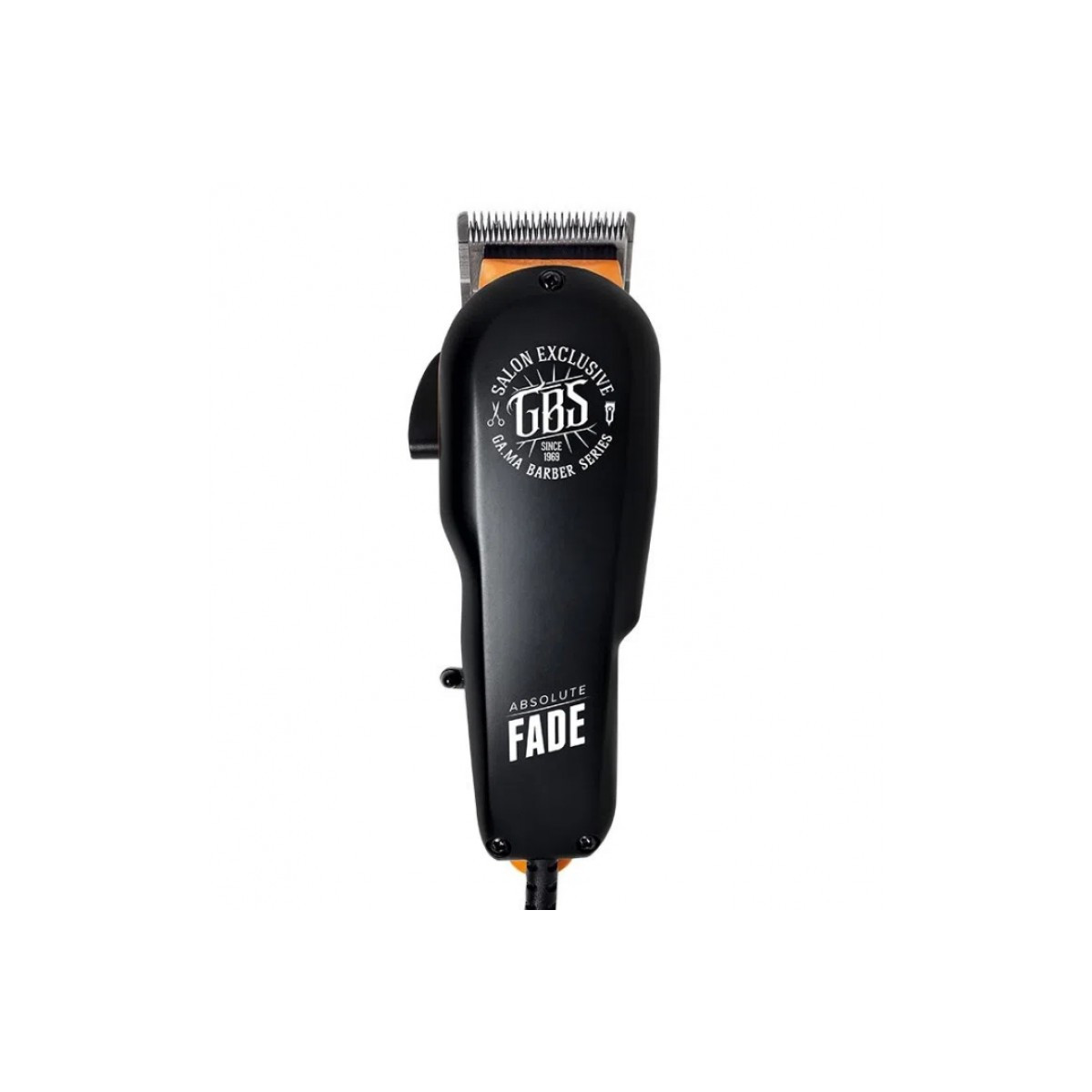 Black hair clipper with orange accents.  It has a GBS Salon Exclusive logo.