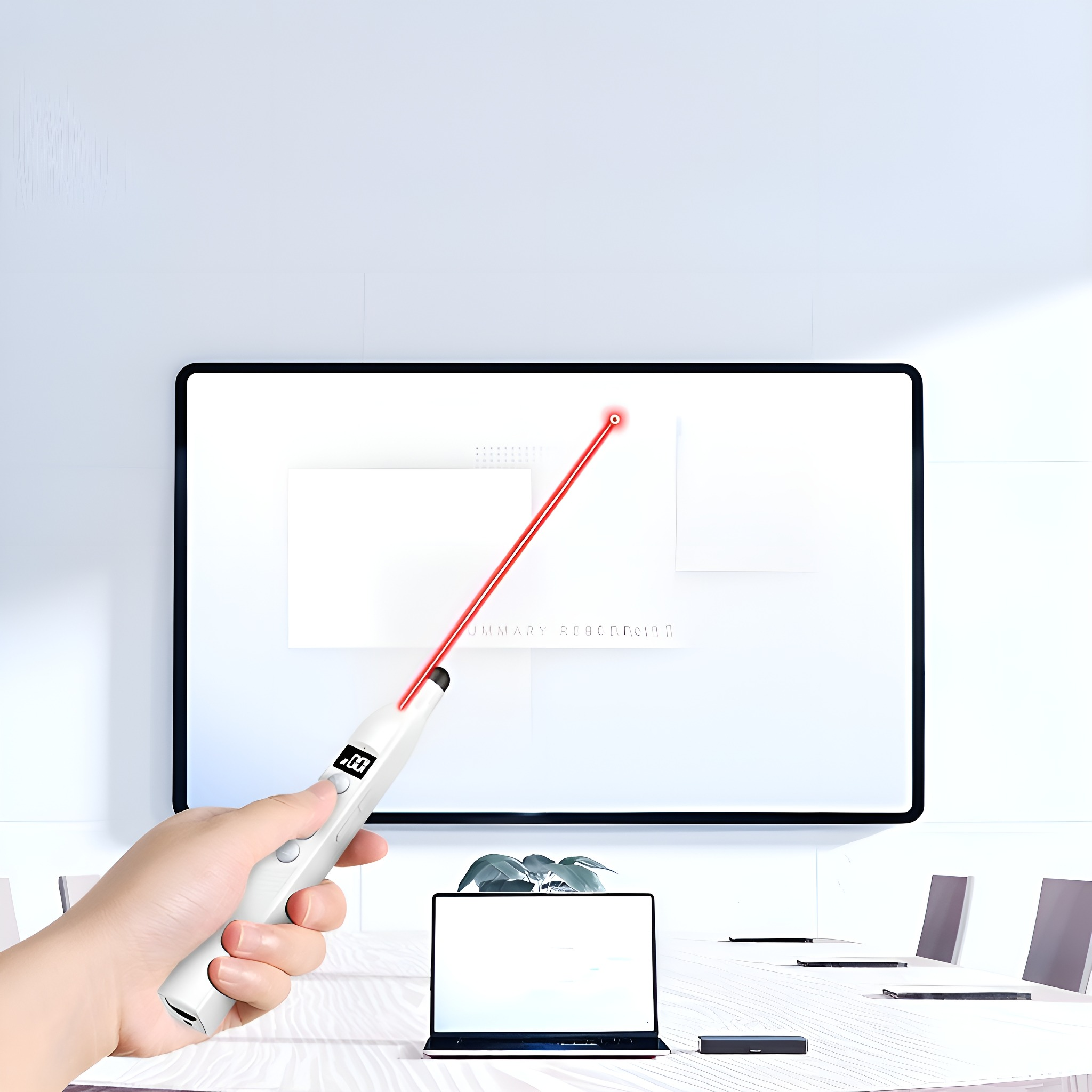 Eine Person hält einen weißen Laserpointer und zeigt auf einen leeren Bildschirm in einem Konferenzraum.