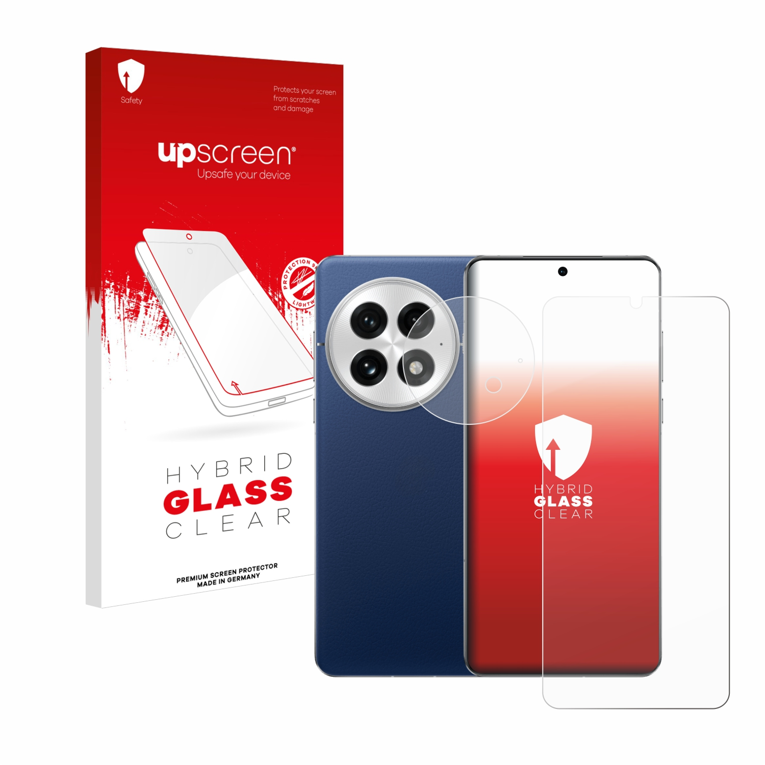 Telefon mit Displayschutz und Box. Telefon ist blau. Schutz ist klar.