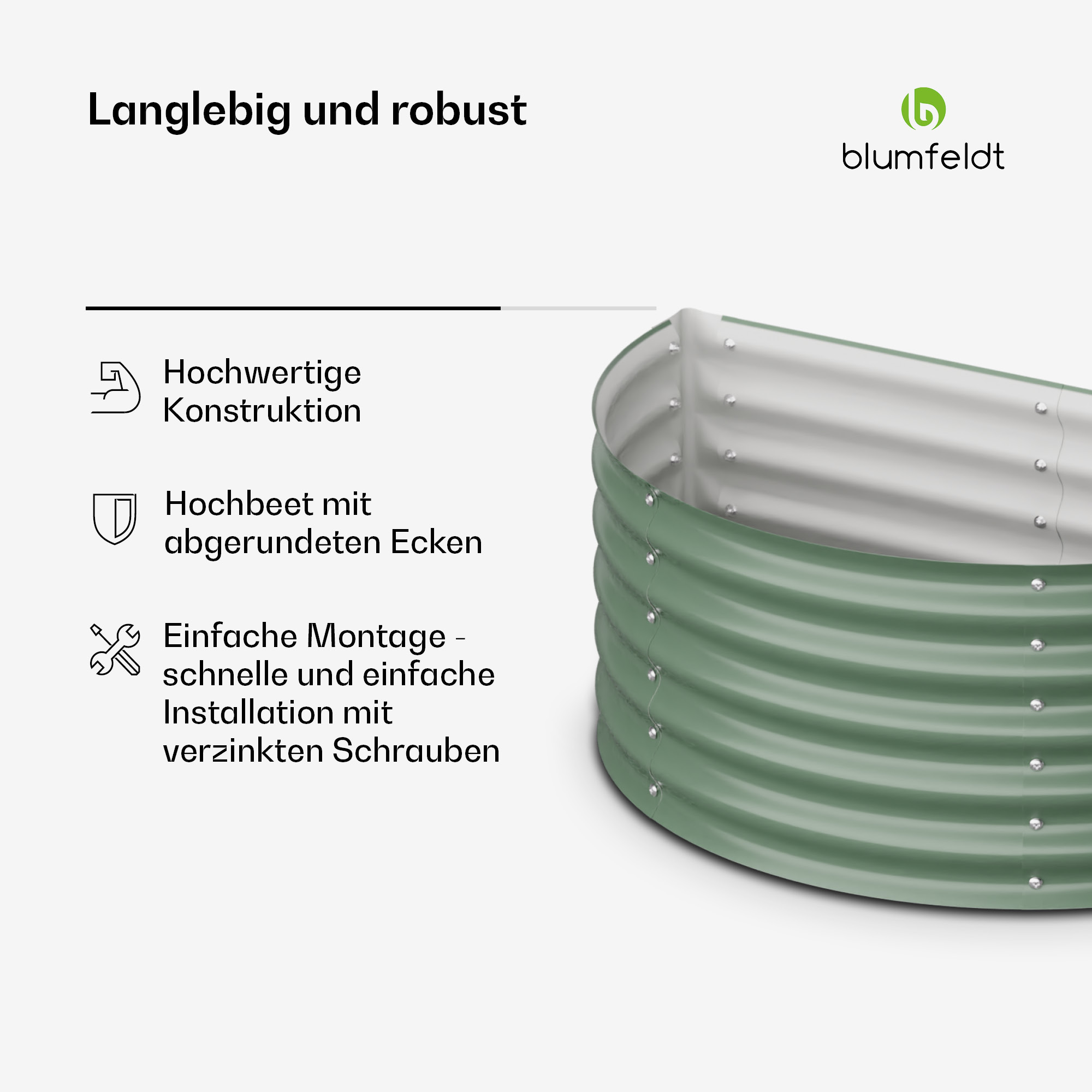 Ein grünes Hochbeet mit Text über Konstruktion und Montage.