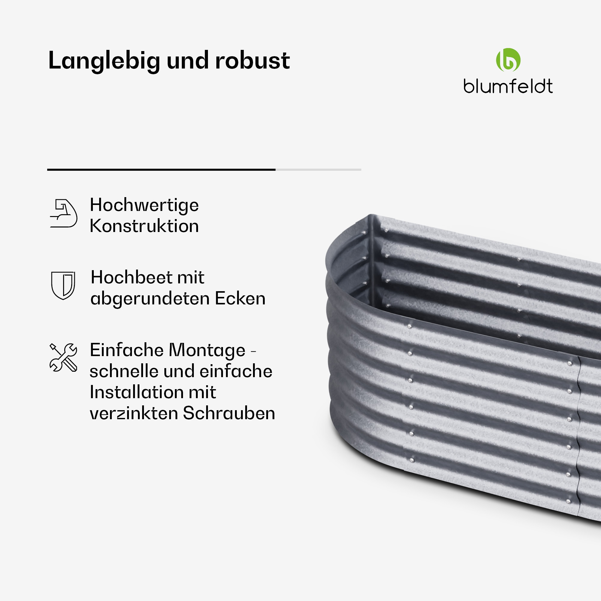 Ein Hochbeet aus Metall mit deutschem Text. Das Produkt ist robust und einfach zu montieren.