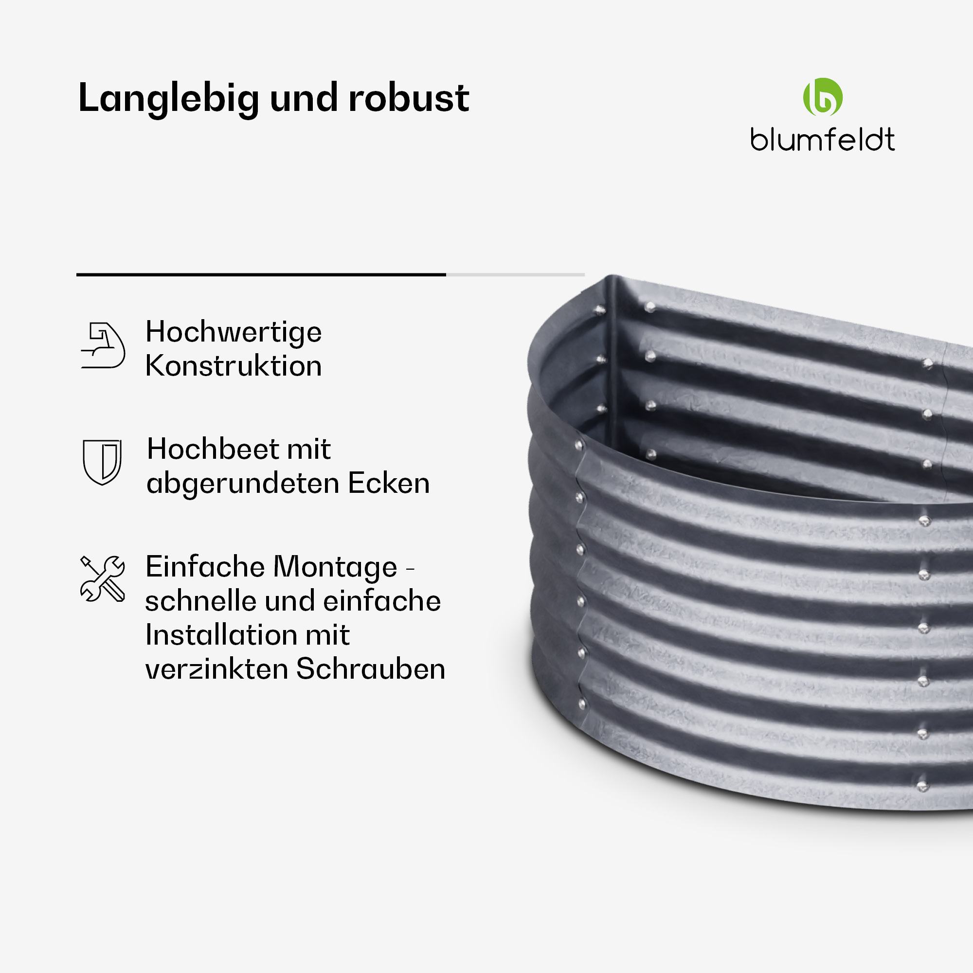 Ein metallenes Hochbeet mit abgerundeten Ecken, mit Text über seine robuste Konstruktion.