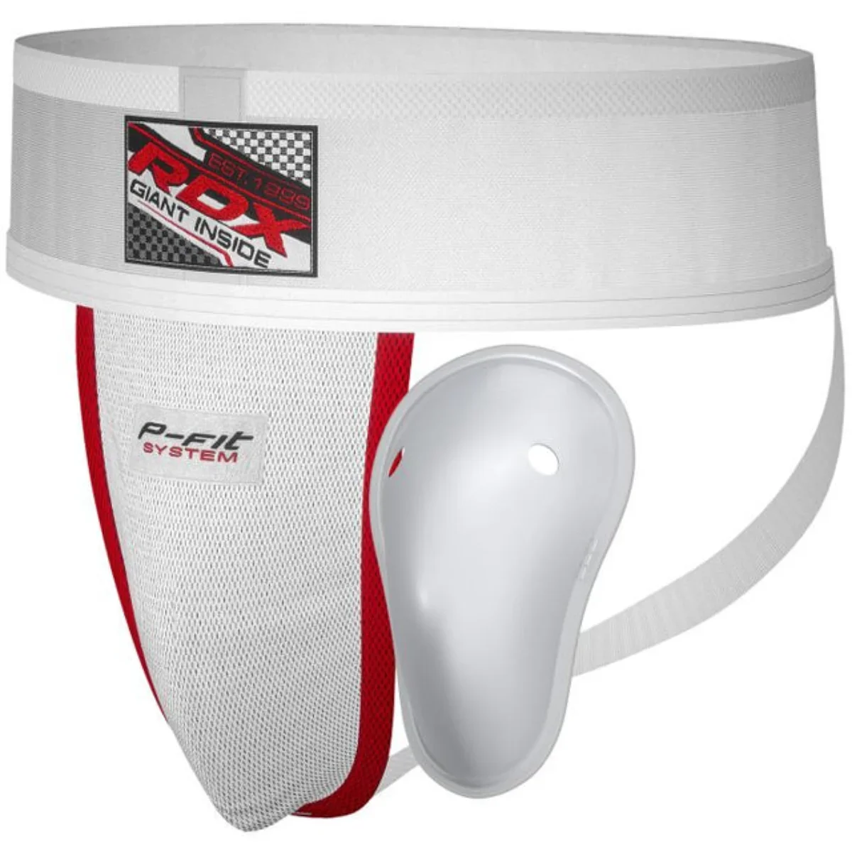 Coquille athlétique blanche et rouge avec une coque de protection. Comprend ceinture et coque.