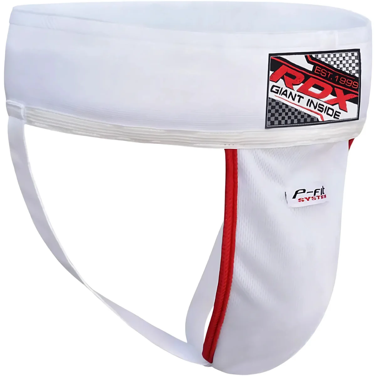 Une coquille athlétique blanche avec une bordure rouge et le logo RDX. Elle a une sangle de soutien.