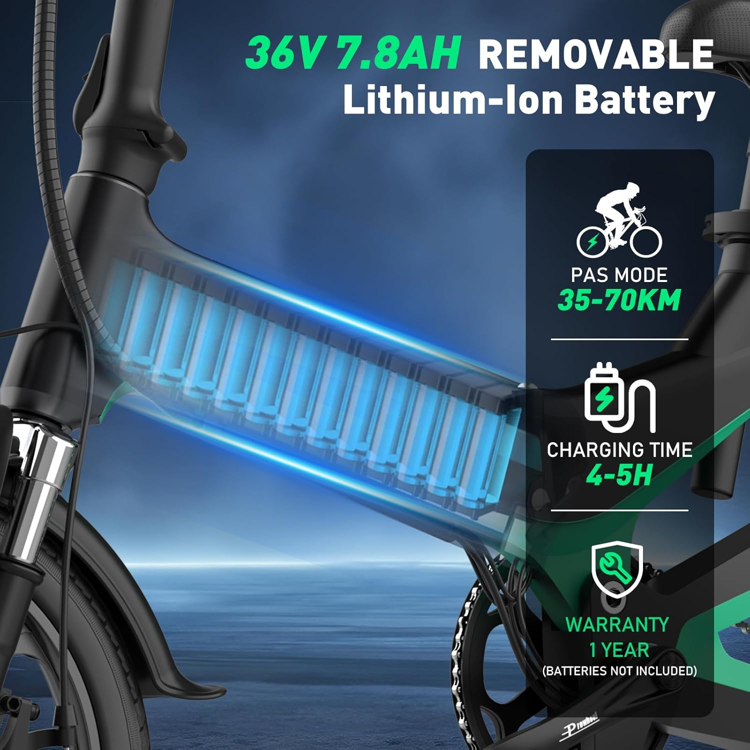 E-Bike mit abnehmbarem Akku. Infografiken zeigen Reichweite, Ladezeit und Garantie.