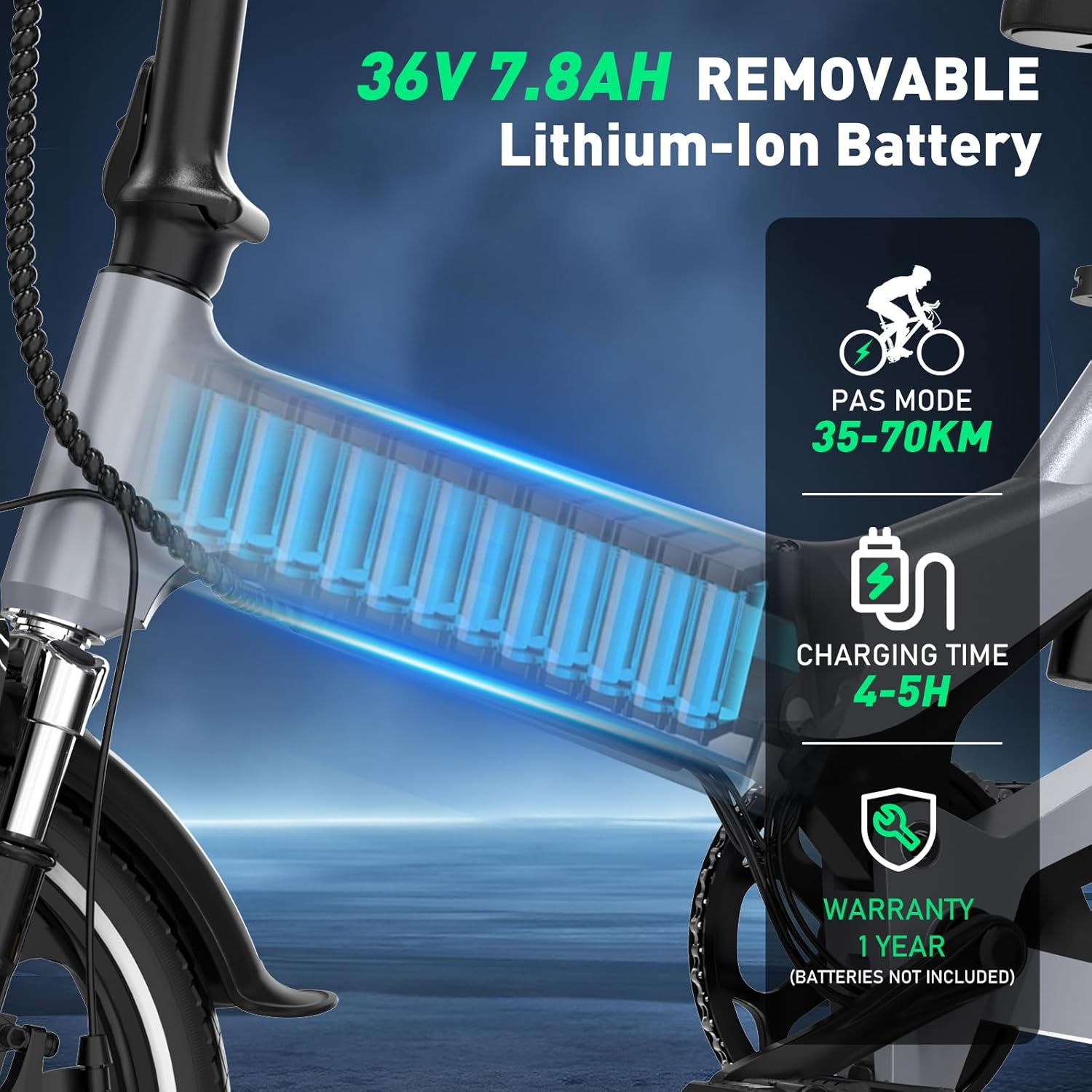 Nahaufnahme eines Elektrofahrrads mit einem Batteriediagramm. Das Fahrrad ist silber und schwarz.