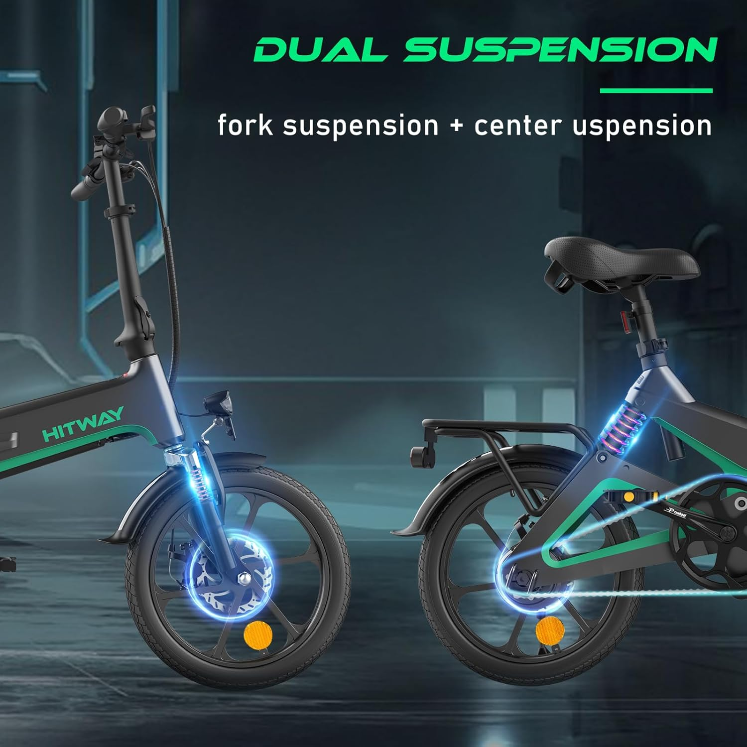 Zwei Elektrofahrräder mit Federungssystemen, die das Design und die Funktionen zeigen.