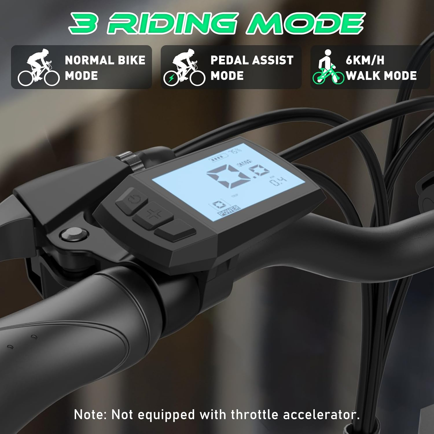E-Bike-Display mit drei Fahrmodi: normal, Pedalunterstützung und Gehmodus.