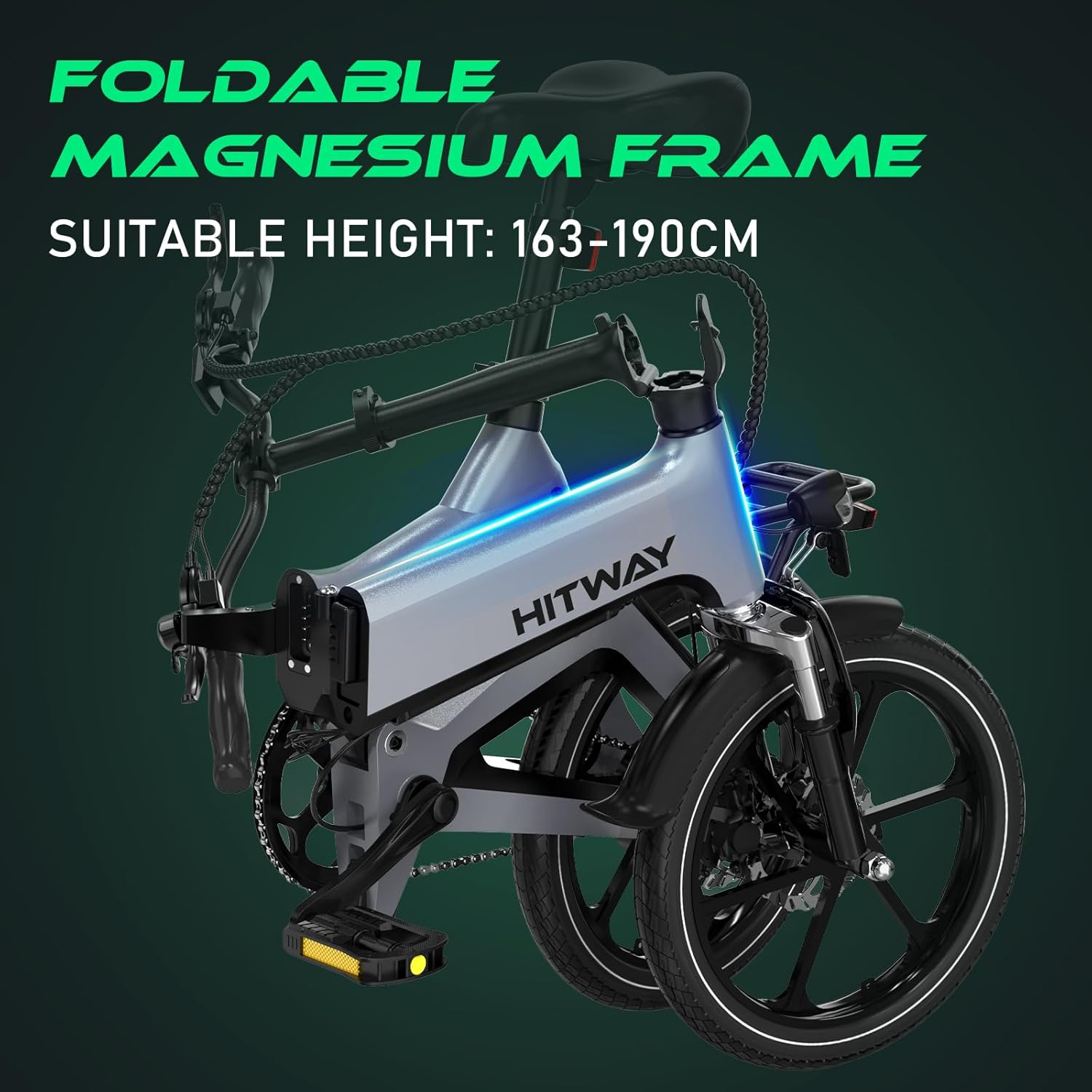Faltbares blau-graues Fahrrad. Text: Faltbarer Magnesiumrahmen und geeignete Höhe.