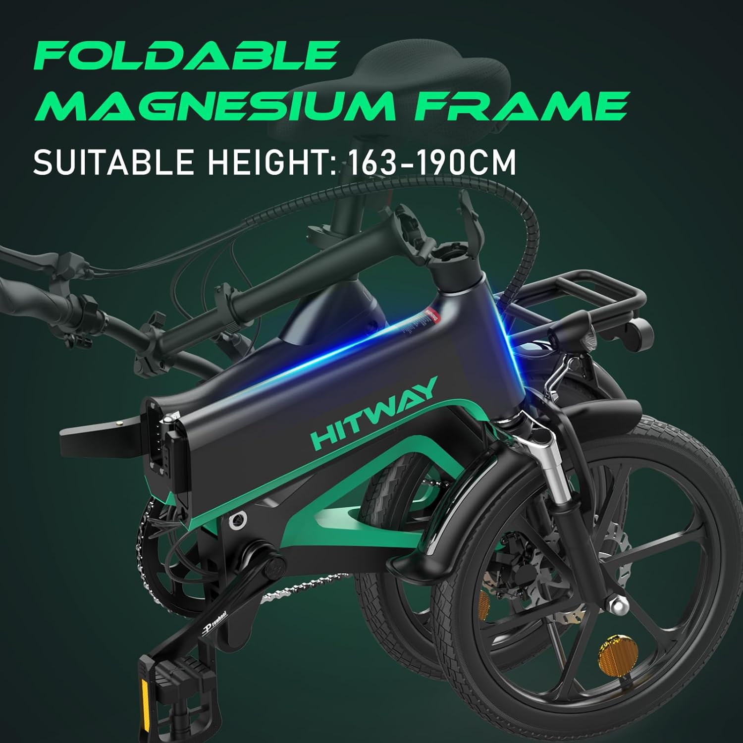Faltbares schwarz-grünes Elektrofahrrad mit Text: Faltbarer Magnesiumrahmen. Geeignete Höhe: 163-190 cm.