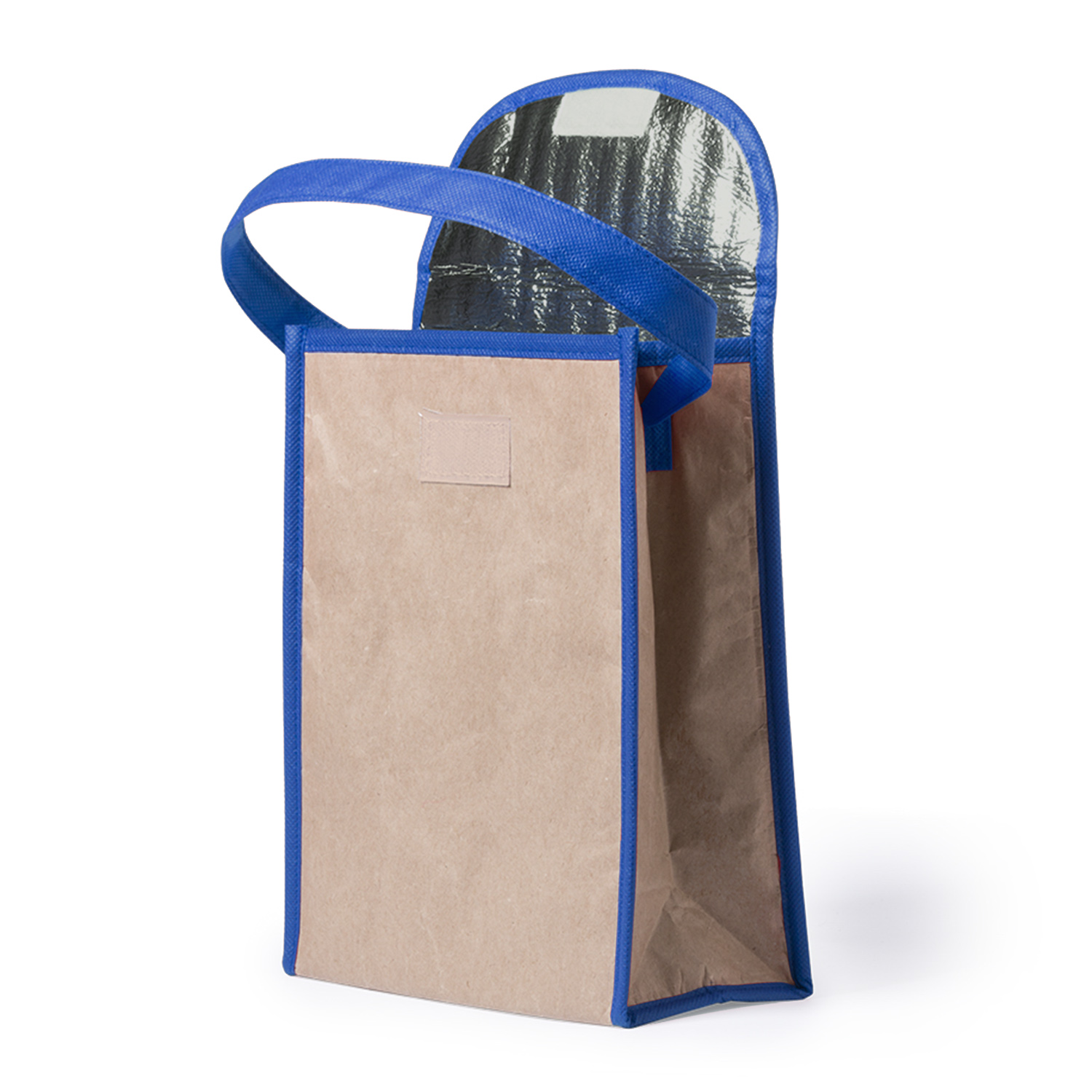 Borsa termica per vino. Esterno marrone con dettagli e parte superiore blu.