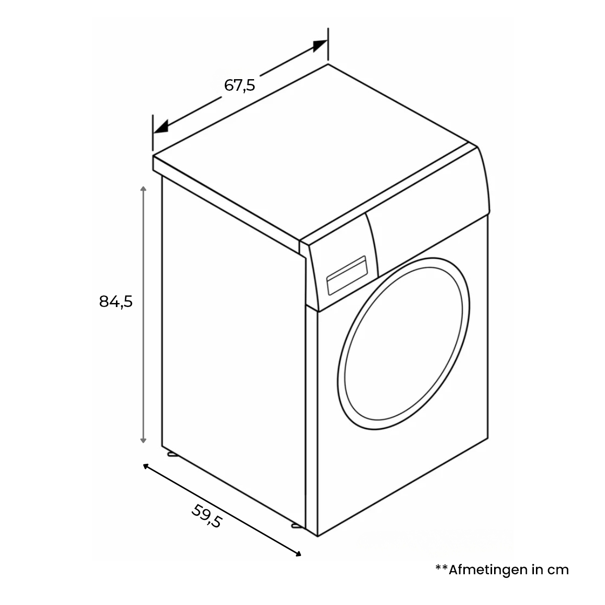 Isometric outline of a washing machine with dimensions labeled in cm.