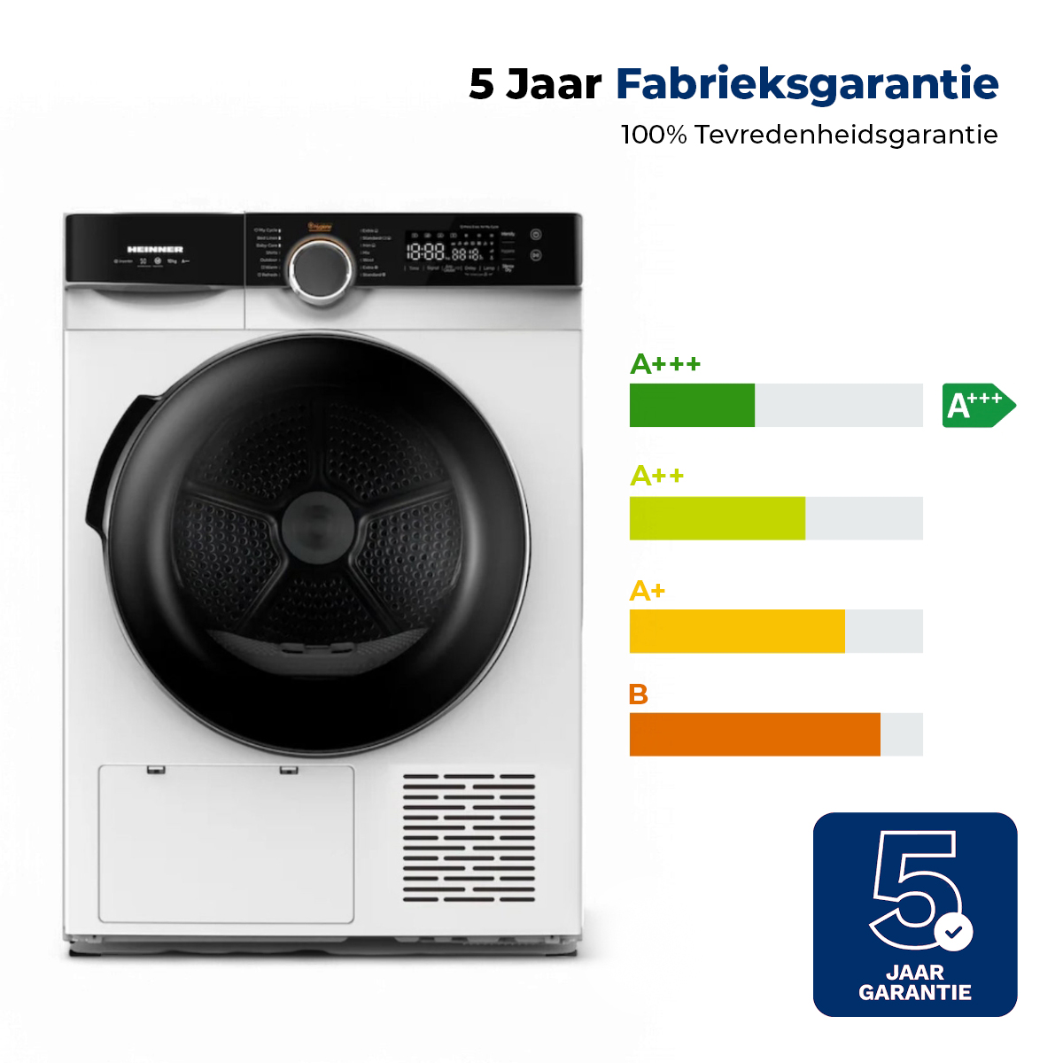 White dryer with energy efficiency chart and 5-year guarantee.