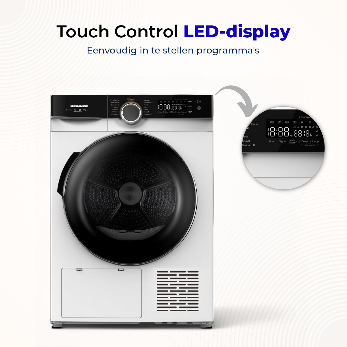 White dryer with a black door and display, with a close-up of the control panel.