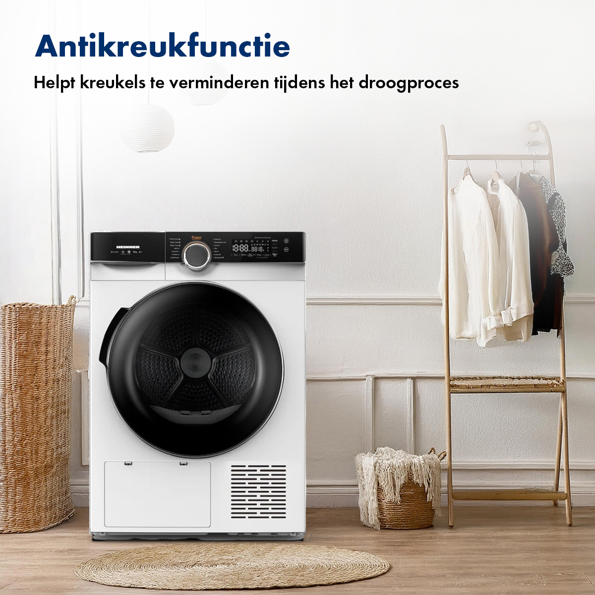 White dryer with a black door and text about wrinkle reduction and a clothes rack.