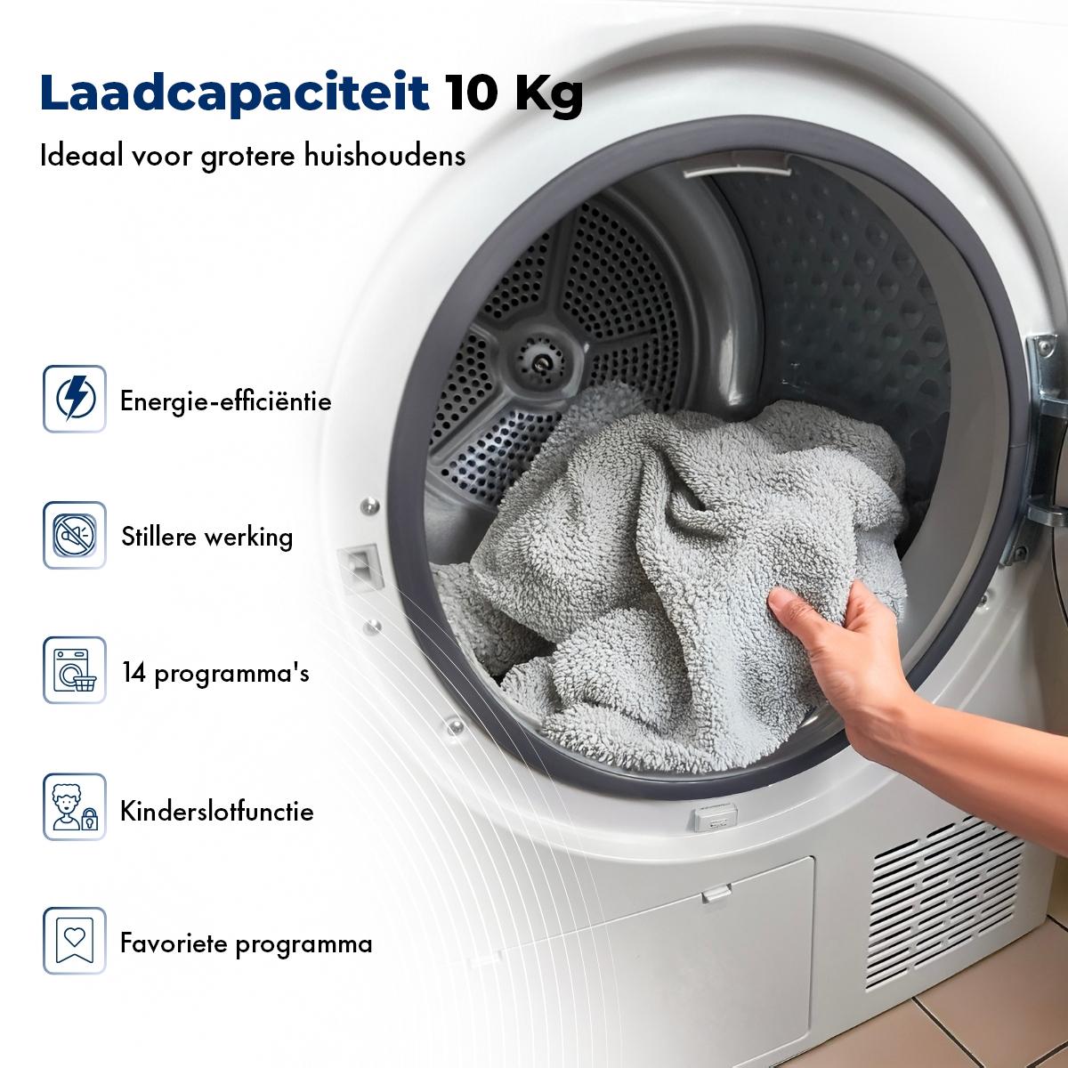 A washing machine with a person's hand reaching in. Shows text about features.