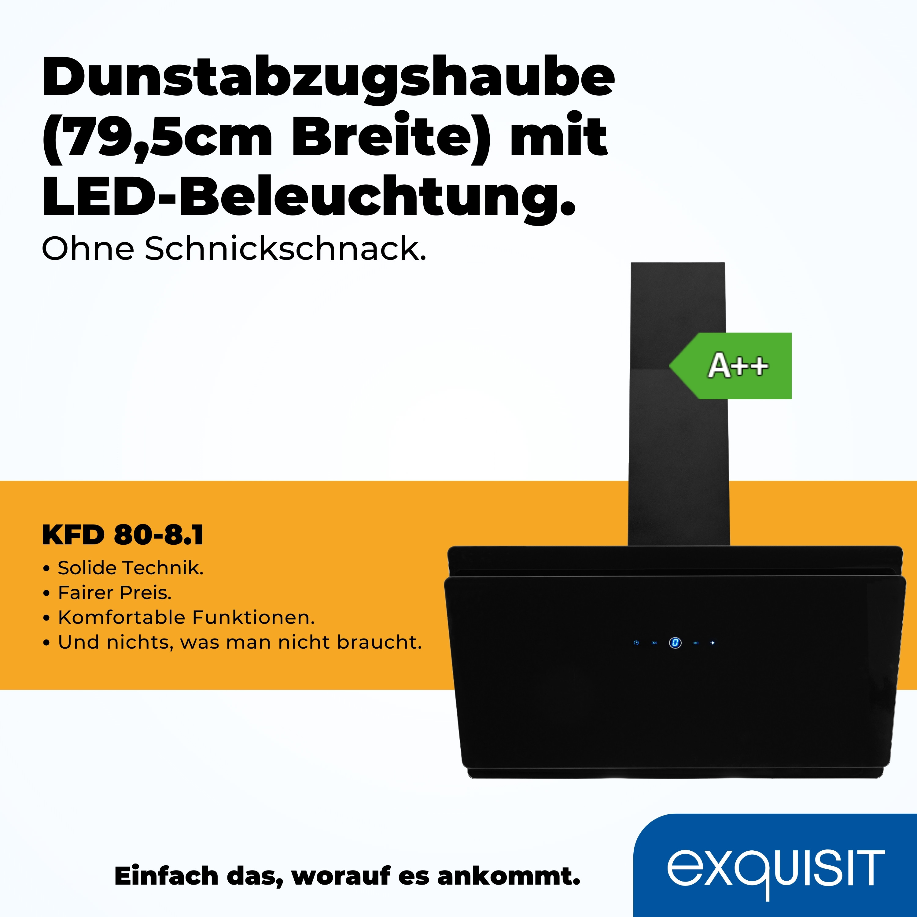 Schwarze Dunstabzugshaube mit LED-Beleuchtung und Energieeffizienzklasse A++.