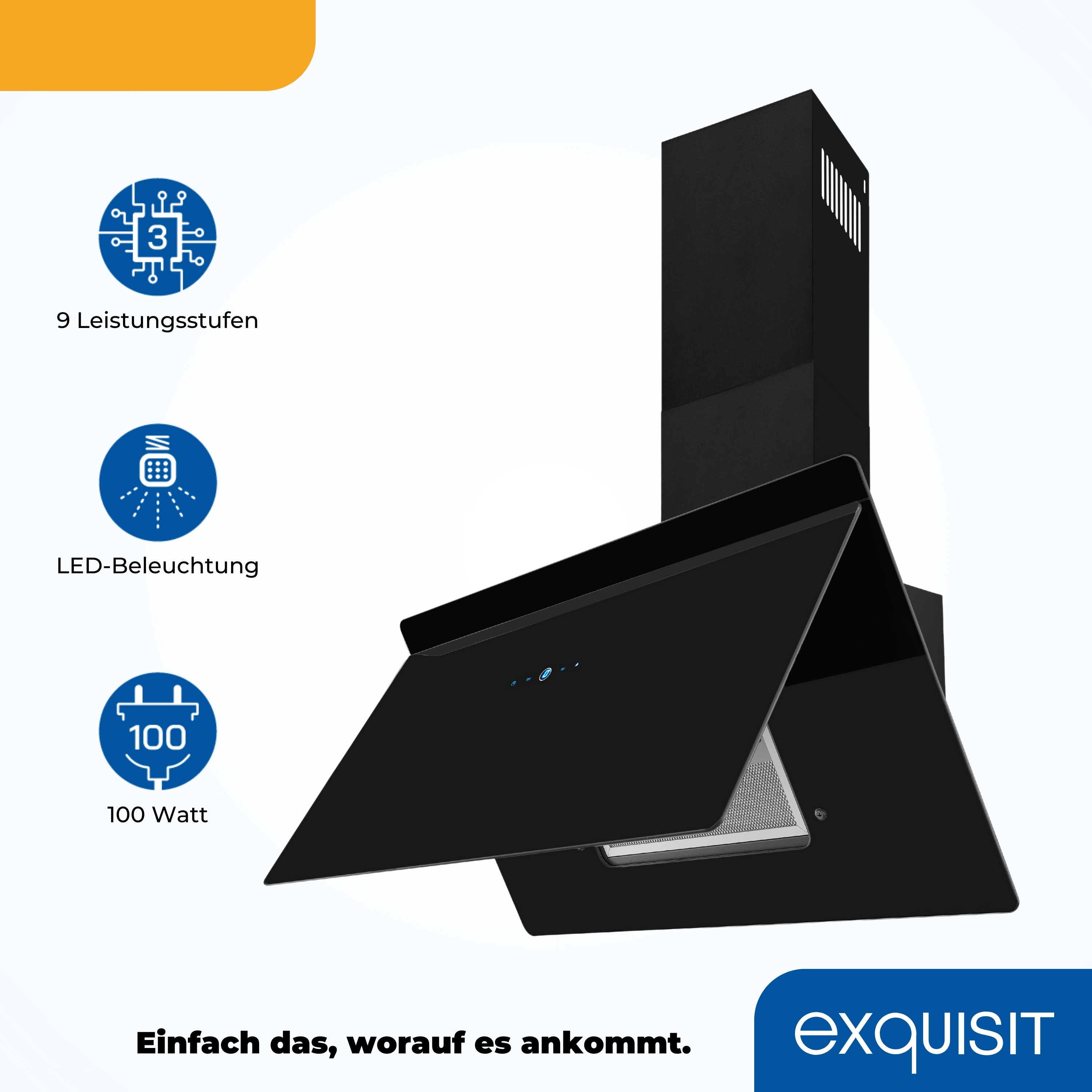 Schwarze Dunstabzugshaube mit drei Symbolen: 9 Leistungsstufen, LED-Beleuchtung und 100 Watt.
