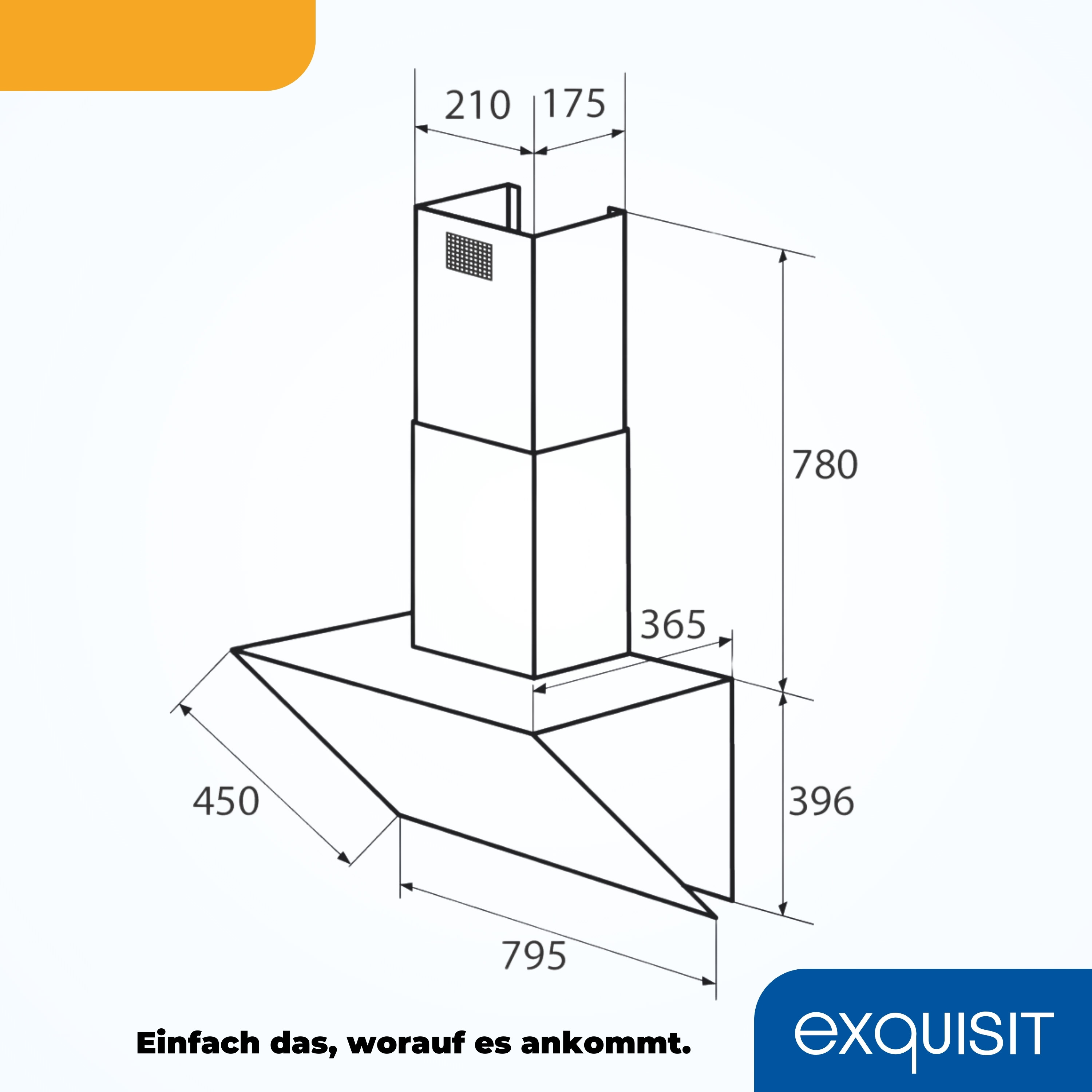 Ein Küchenventilator mit Abmessungen. Es ist schwarz und hat eine Zeichnung eines Küchenventilators mit Maßen.