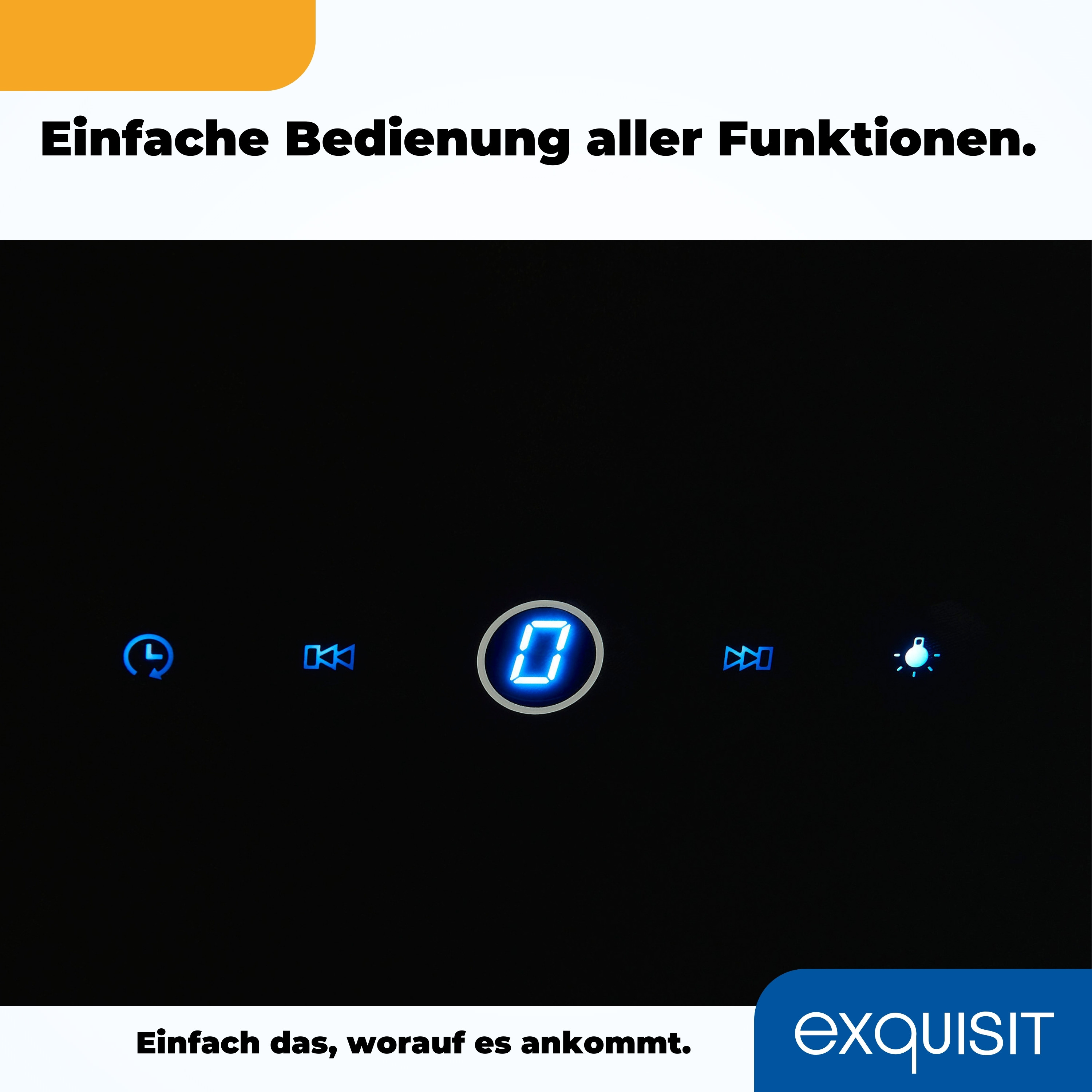 Ein schwarzes Bedienfeld mit einer blau beleuchteten Anzeige und Symbolen.