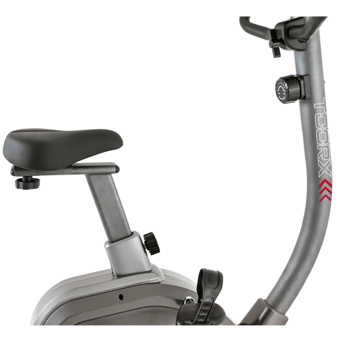 Hometrainer, grau mit schwarzem Sitz und Lenker. Die Marke TCG RX ist sichtbar.