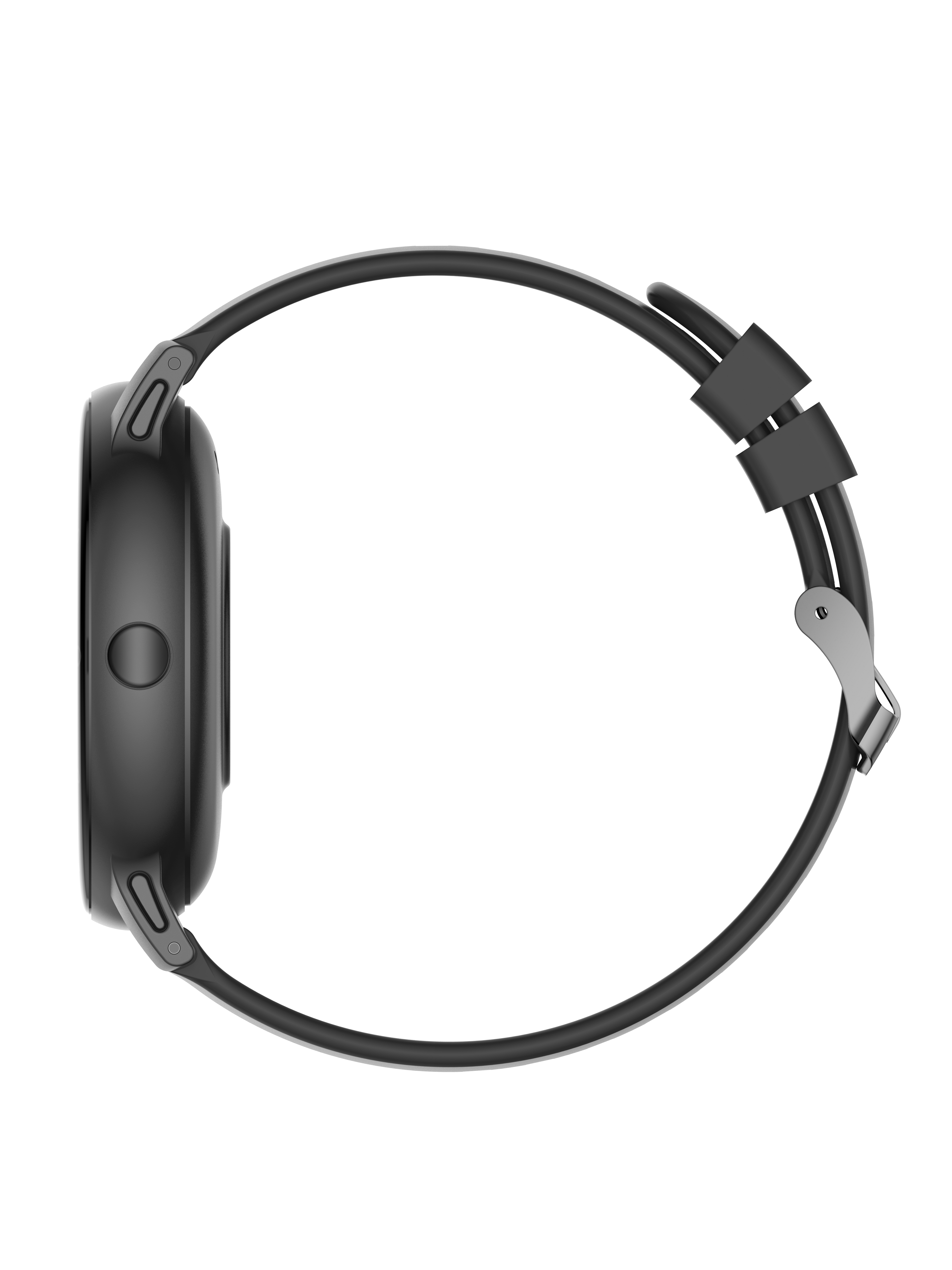 Black smartwatch with a black strap. The watch is round, side view. Black background.